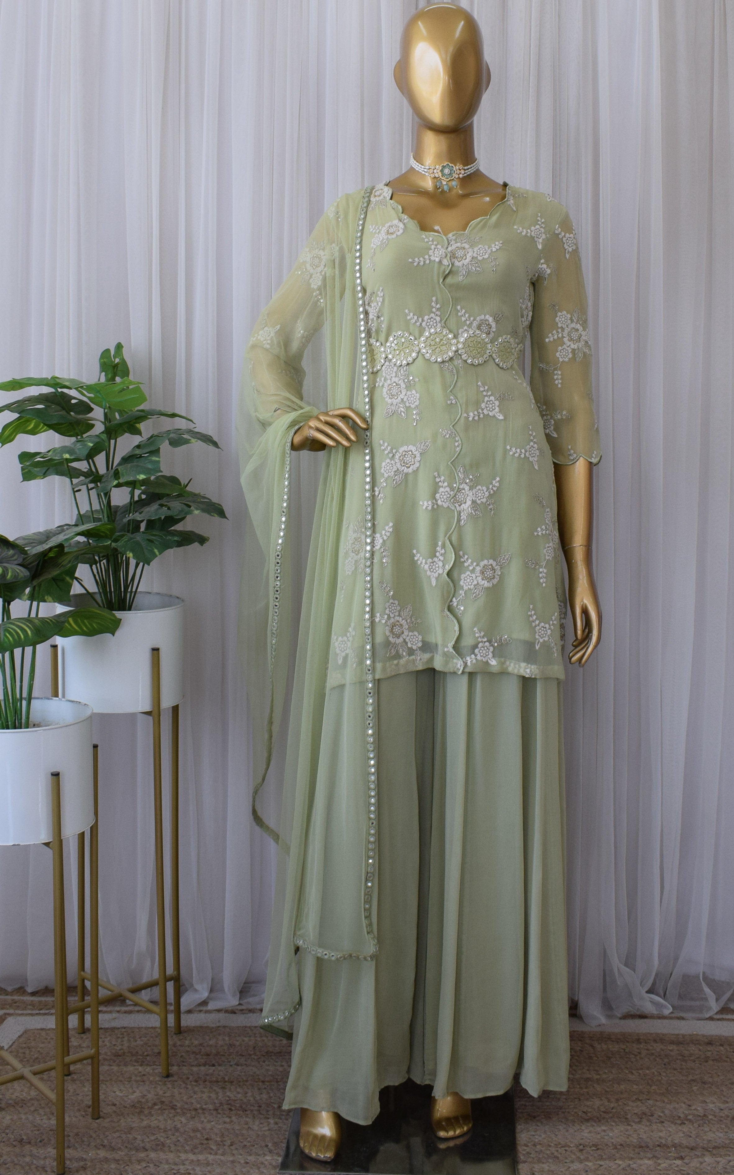 Sage Green Embroidered Sharara Set