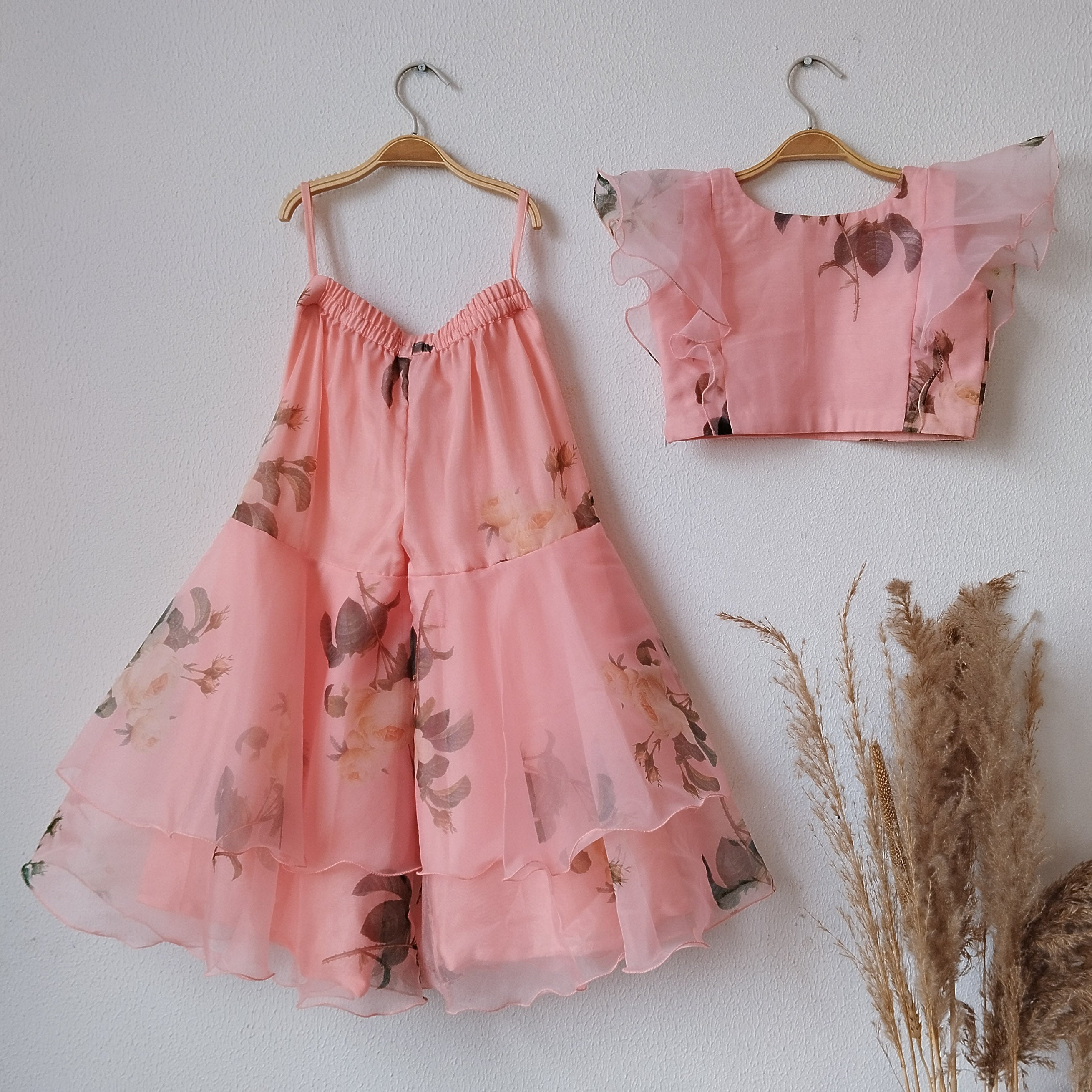 Peach Floral Organza Crop-Top Kids Sharara Set