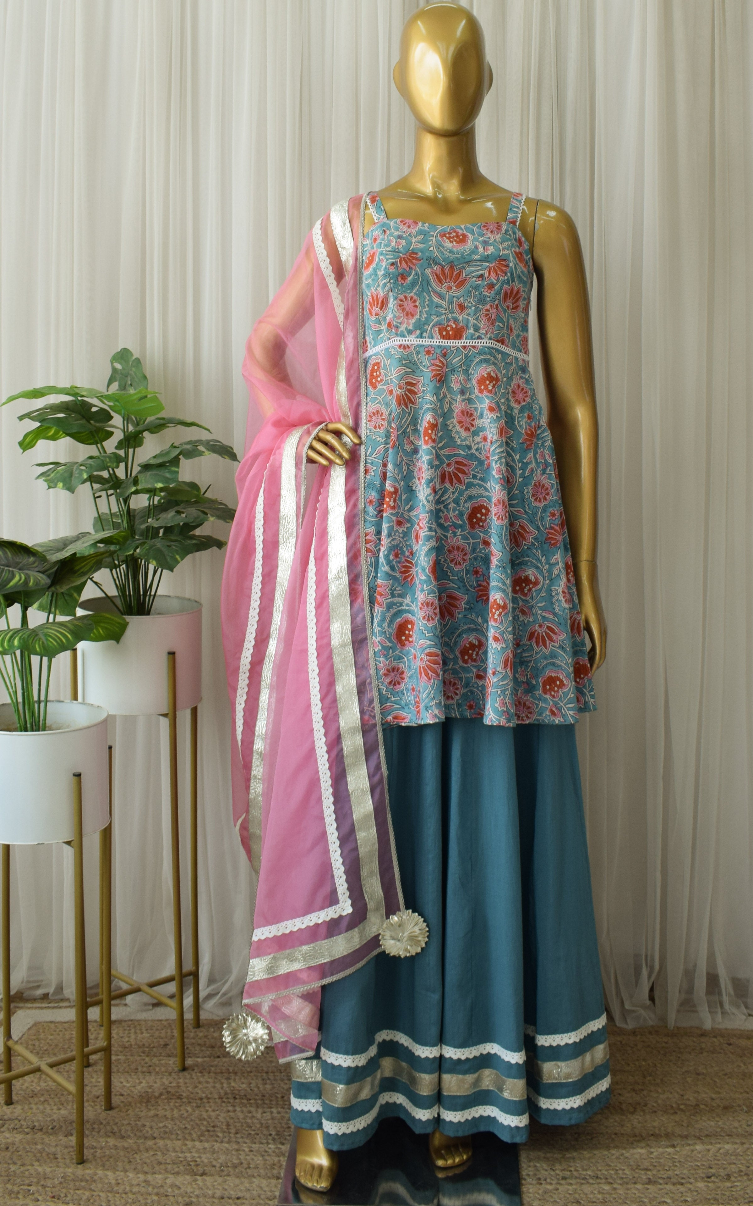 Turquoise Block Print Sharara Set