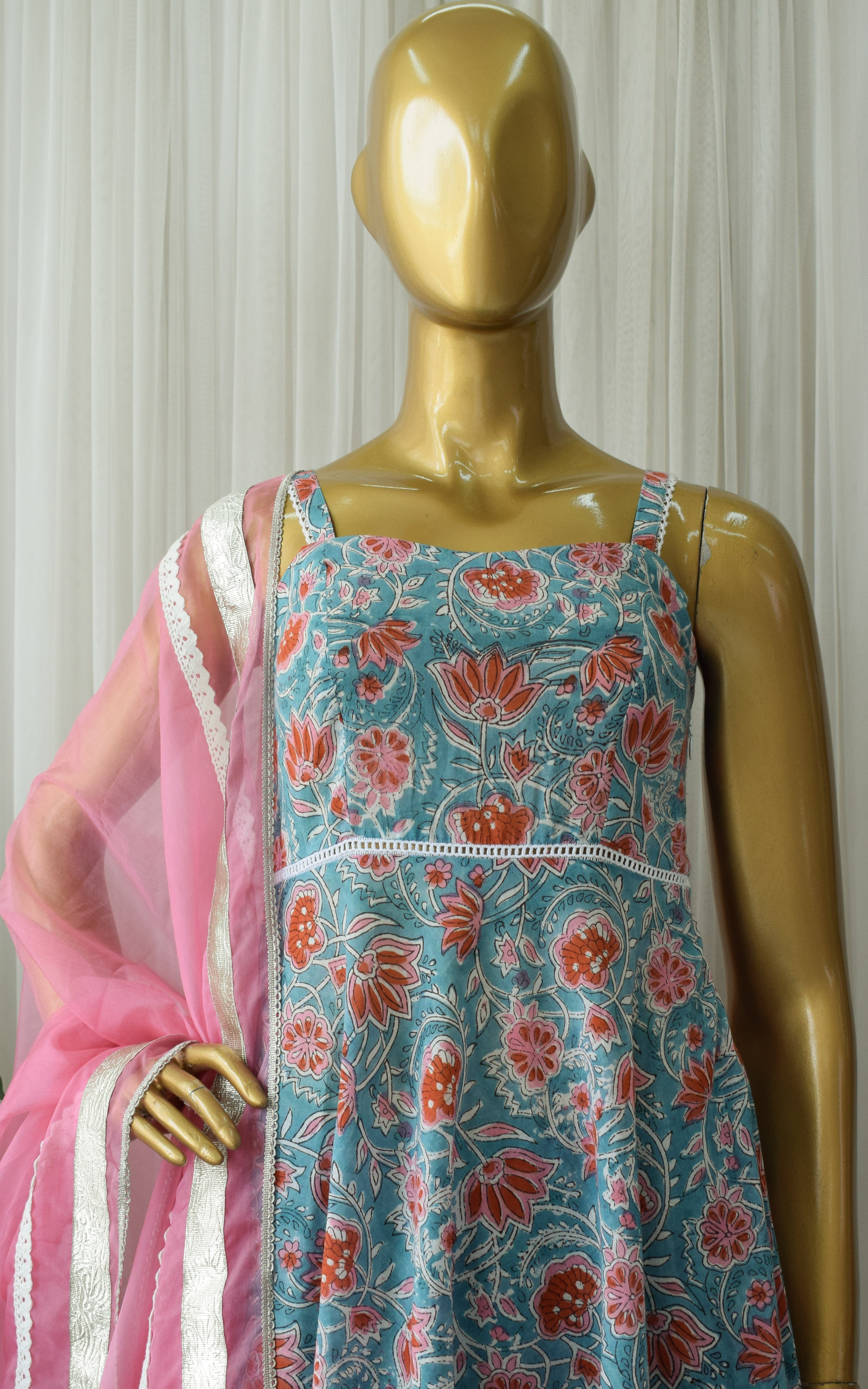 Turquoise Block Print Sharara Set