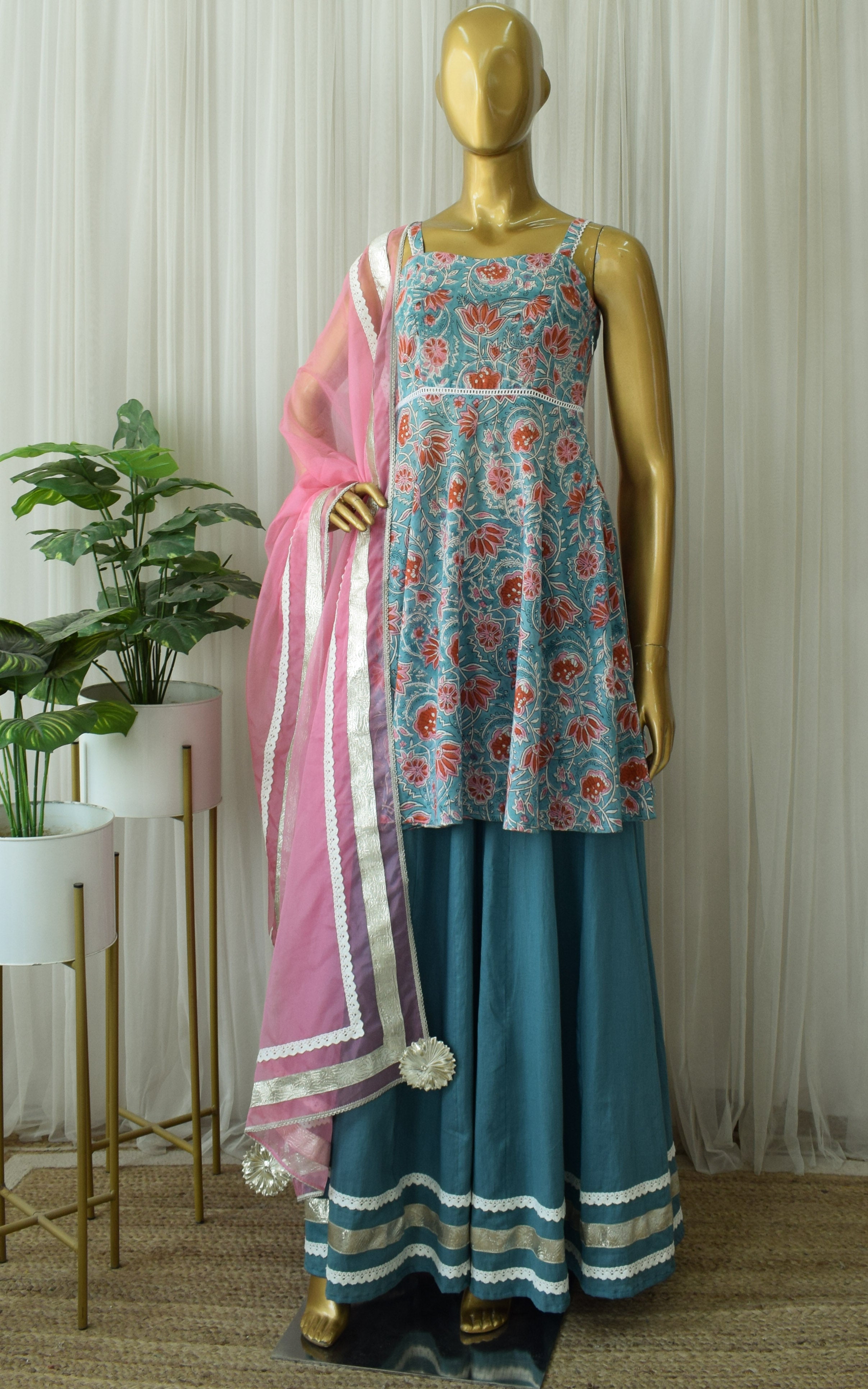 Turquoise Block Print Sharara Set