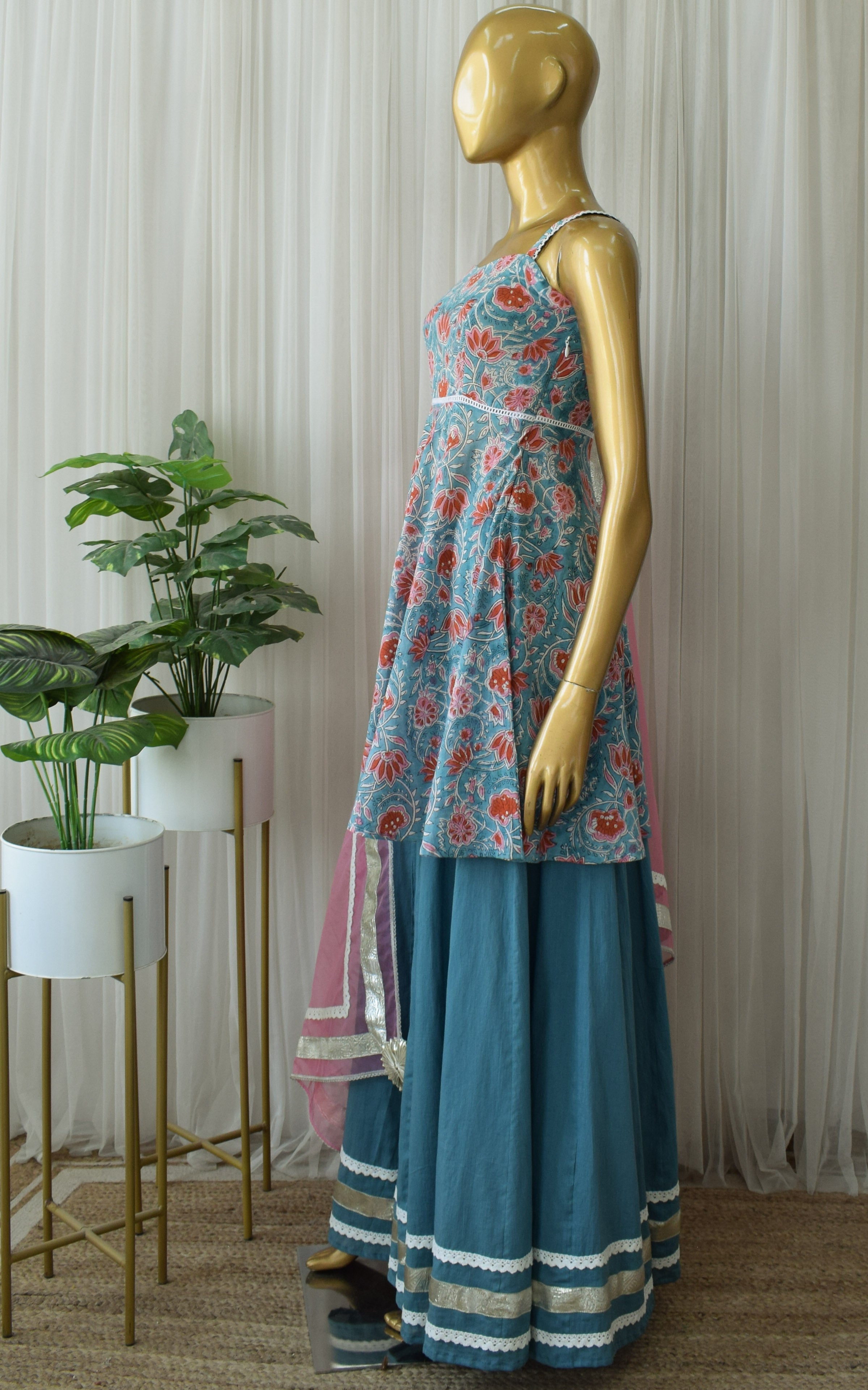 Turquoise Block Print Sharara Set