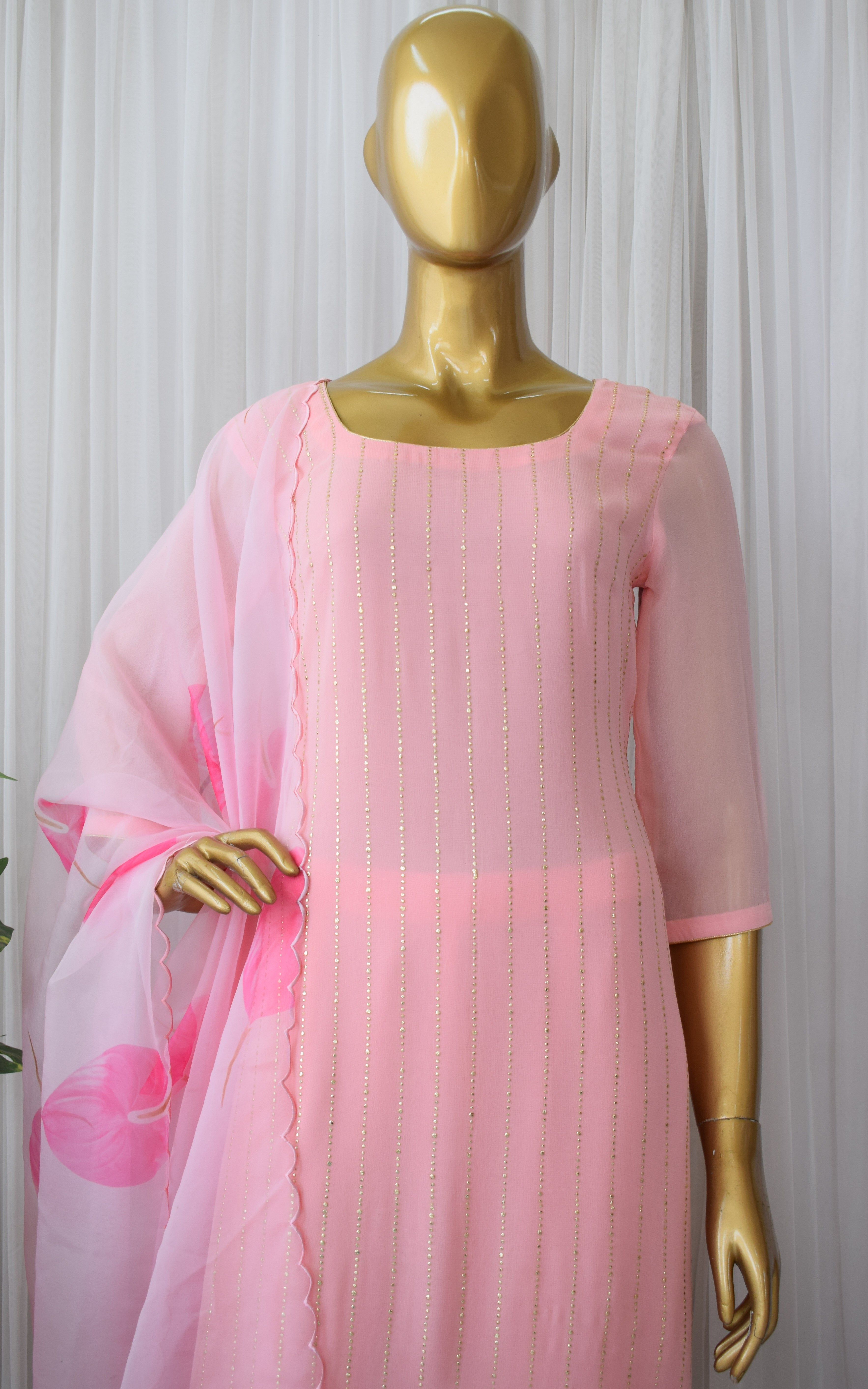 Pink Leaf Mukaish Kurta Set with Organza Dupatta