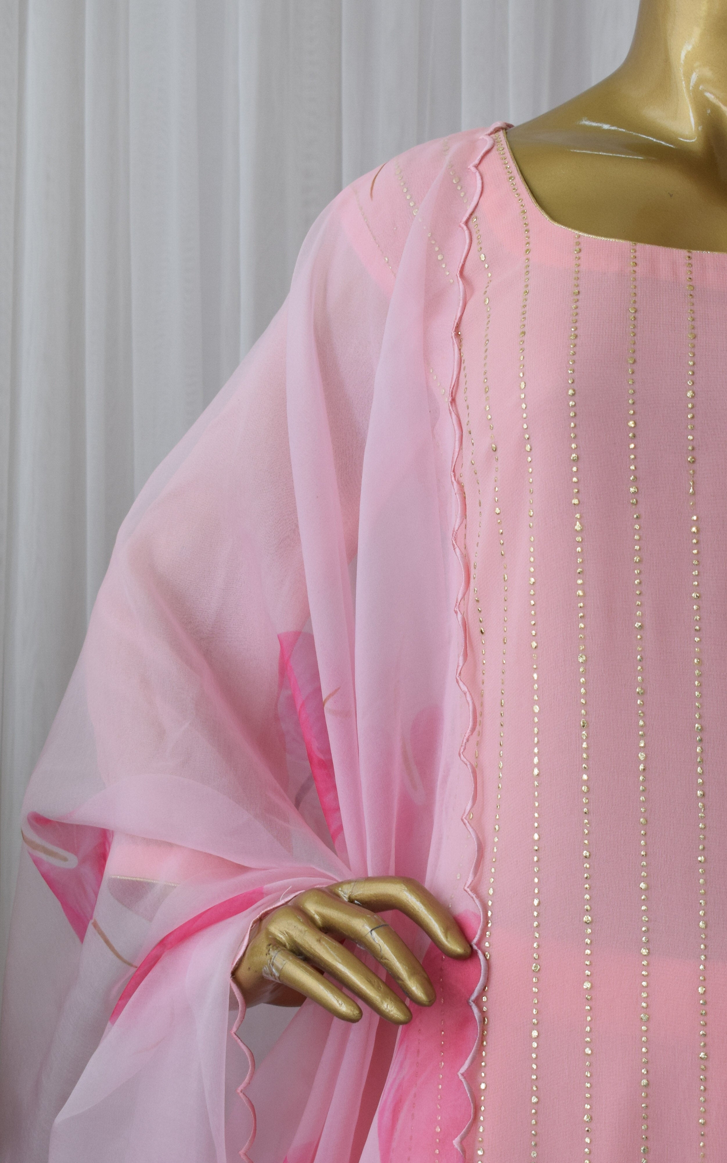 Pink Leaf Mukaish Kurta Set with Organza Dupatta