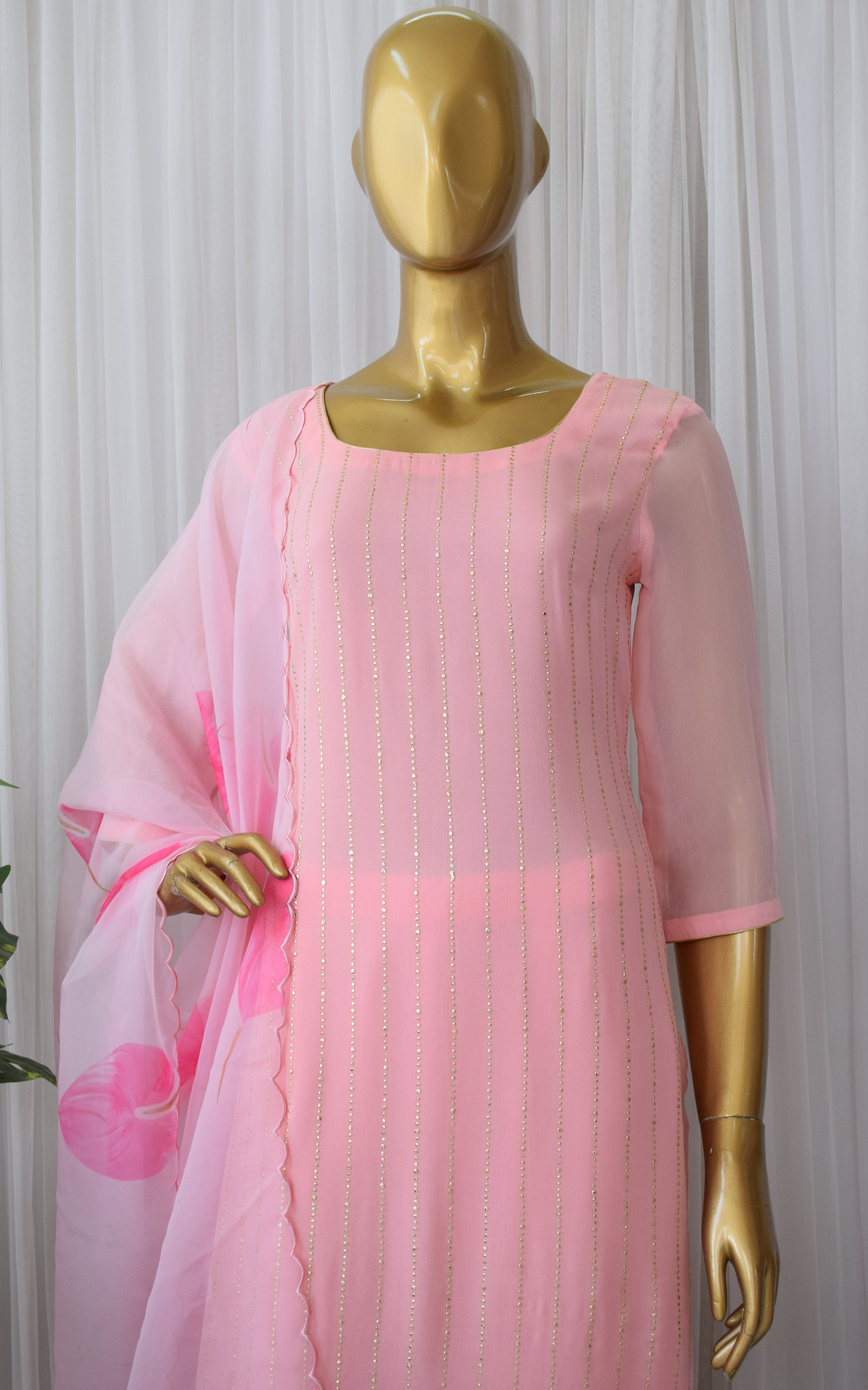 Pink Leaf Mukaish Kurta Set with Organza Dupatta