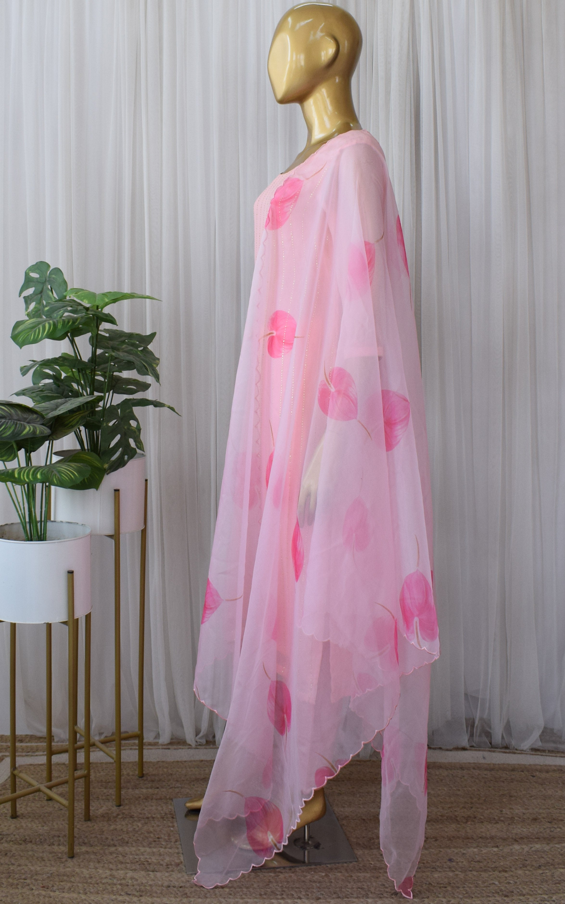 Pink Leaf Mukaish Kurta Set with Organza Dupatta