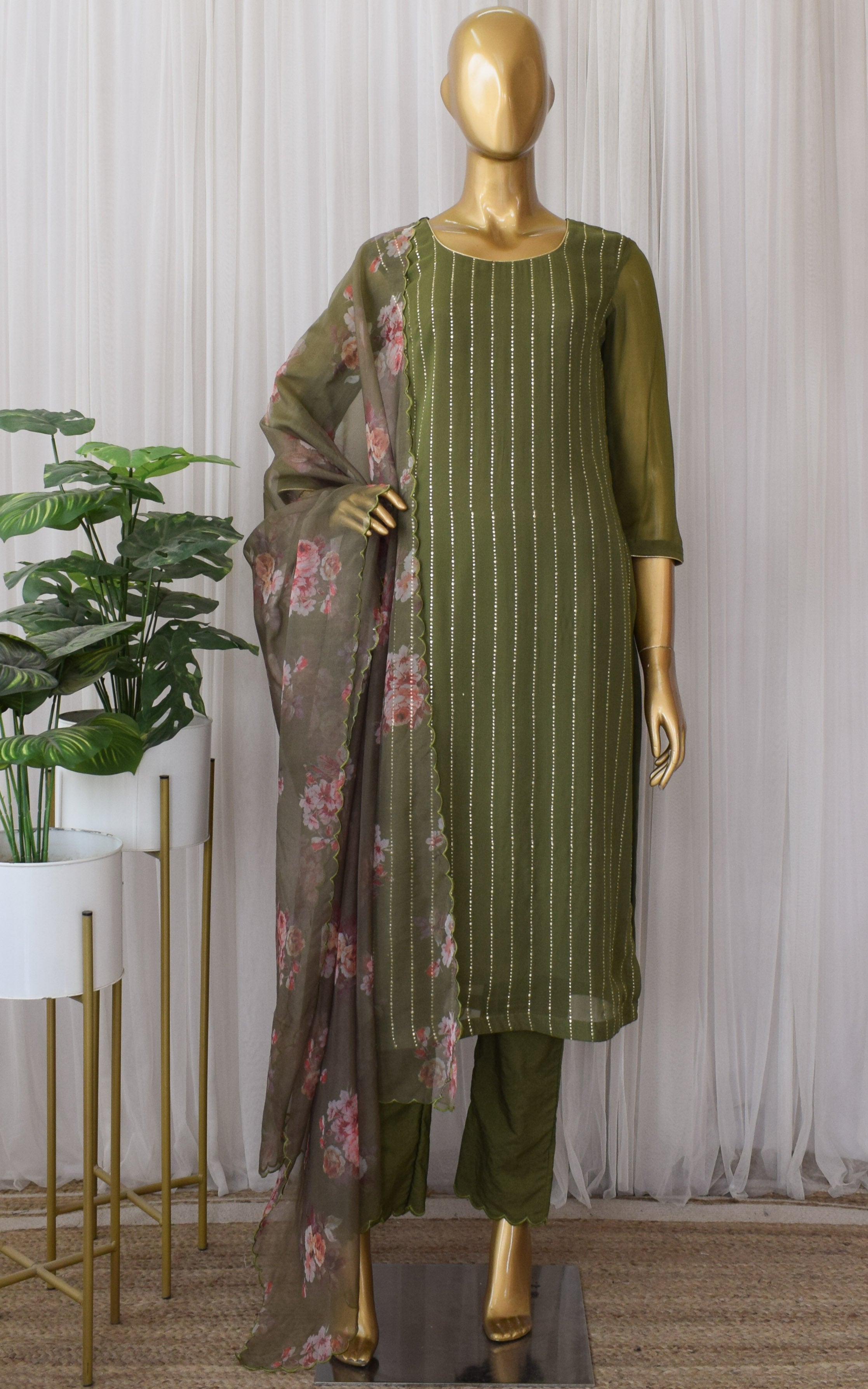 Olive Green Mukaish Kurta Set with Organza Dupatta