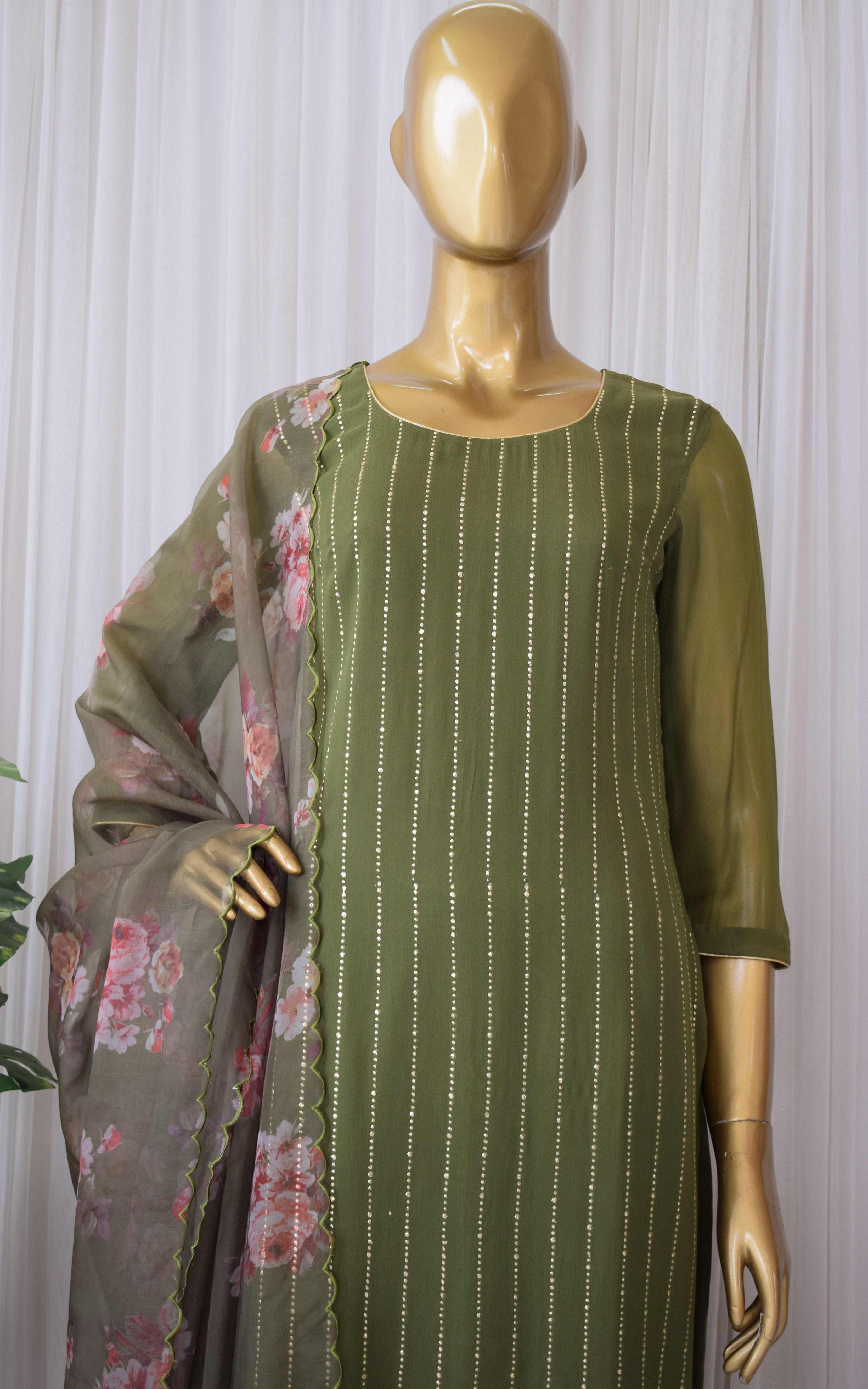 Olive Green Mukaish Kurta Set with Organza Dupatta