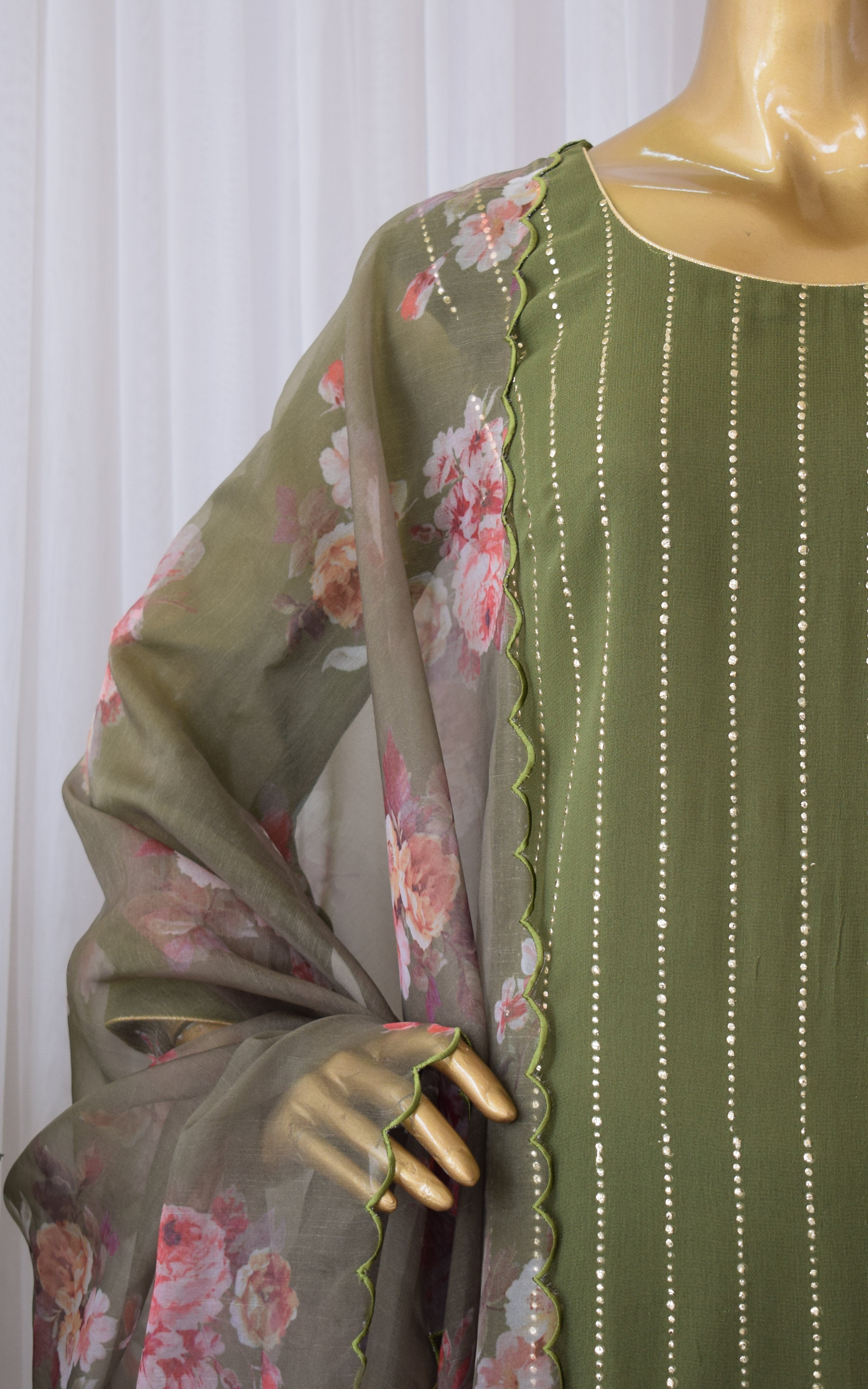 Olive Green Mukaish Kurta Set with Organza Dupatta