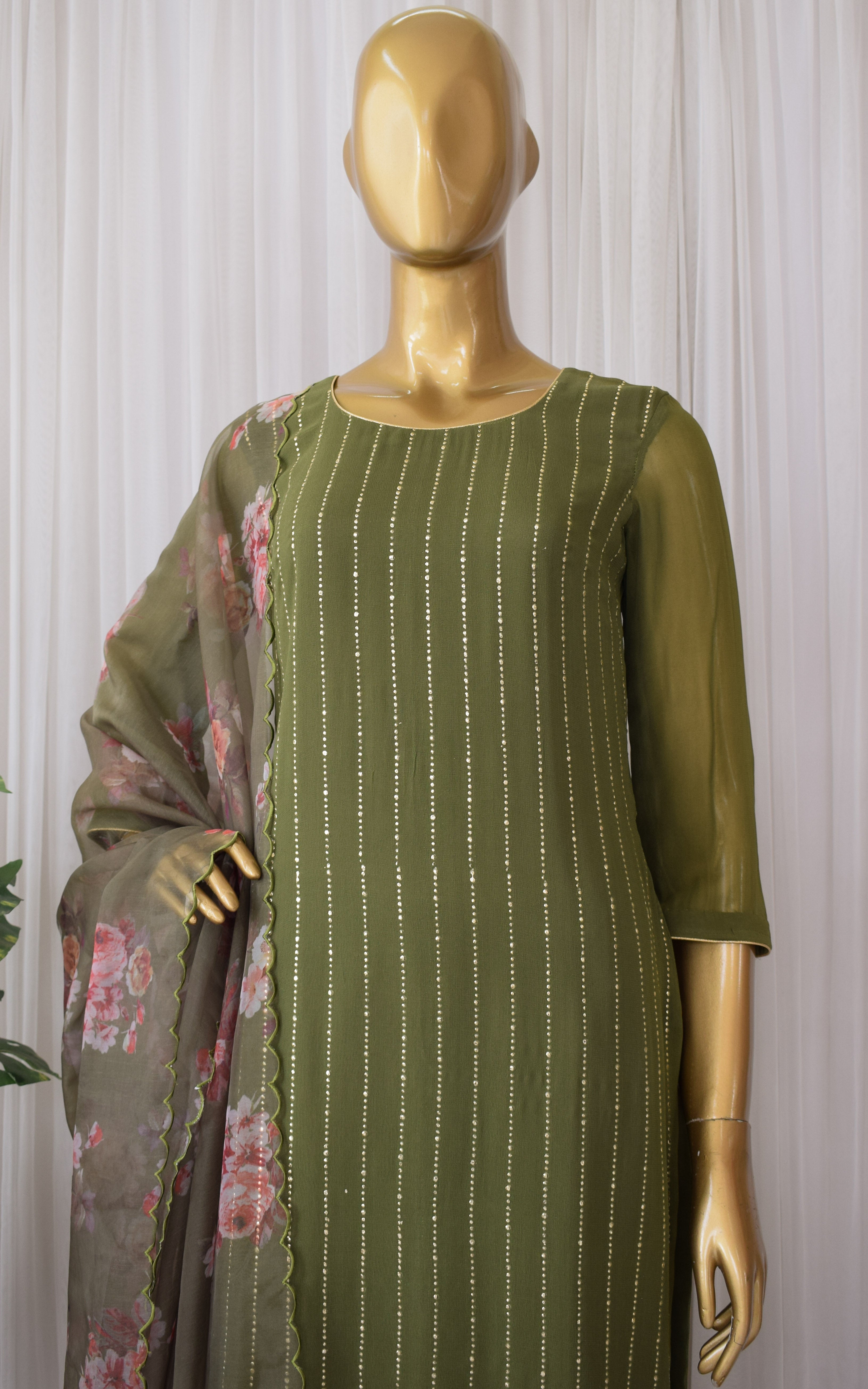 Olive Green Mukaish Kurta Set with Organza Dupatta