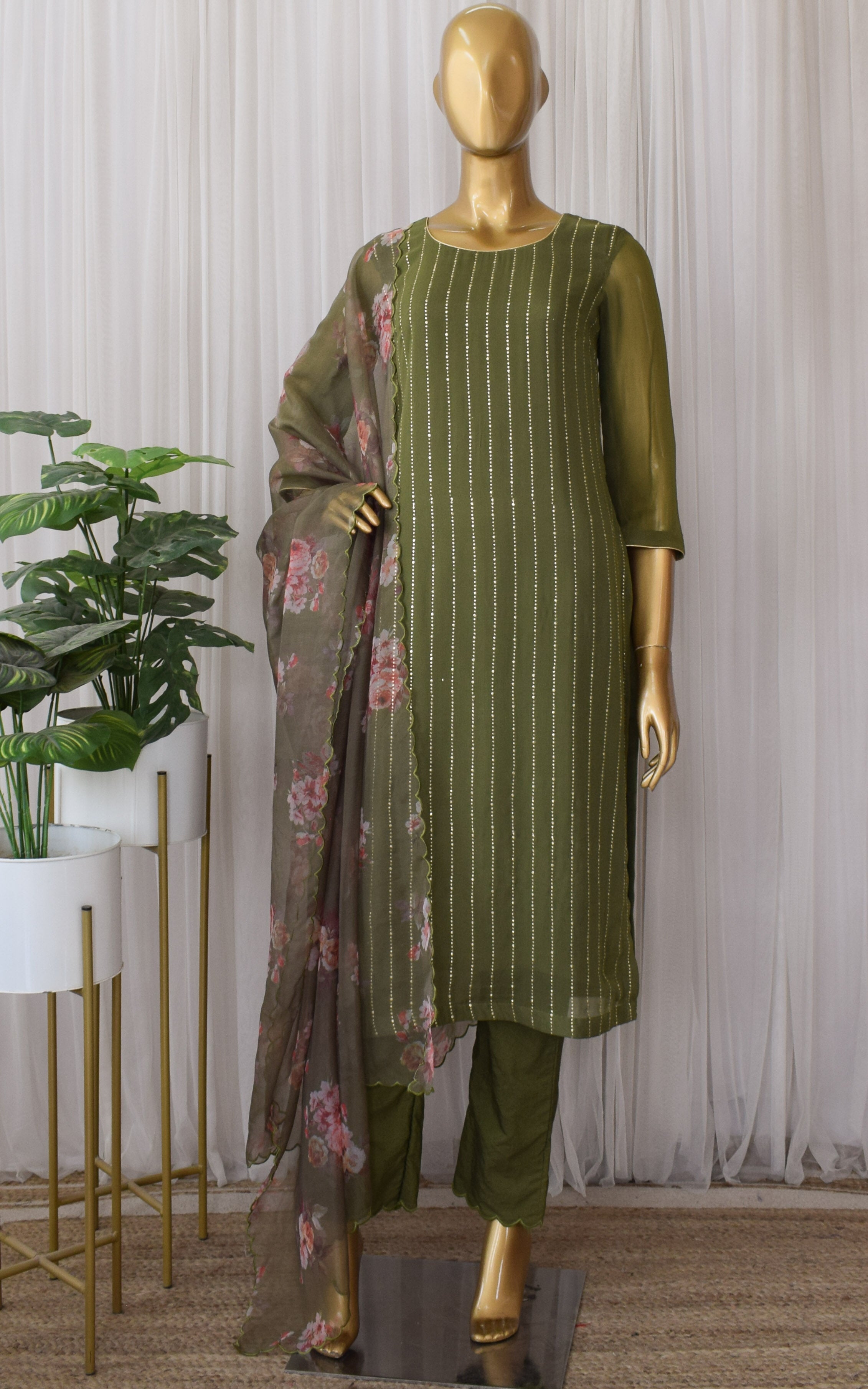 Olive Green Mukaish Kurta Set with Organza Dupatta