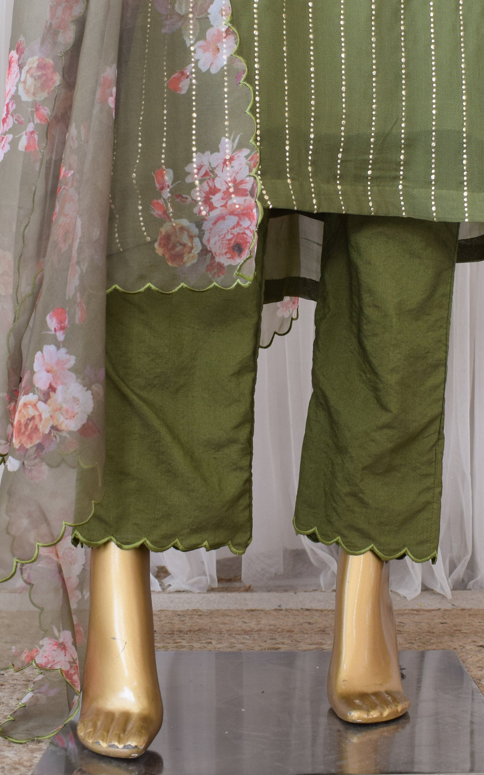 Olive Green Mukaish Kurta Set with Organza Dupatta