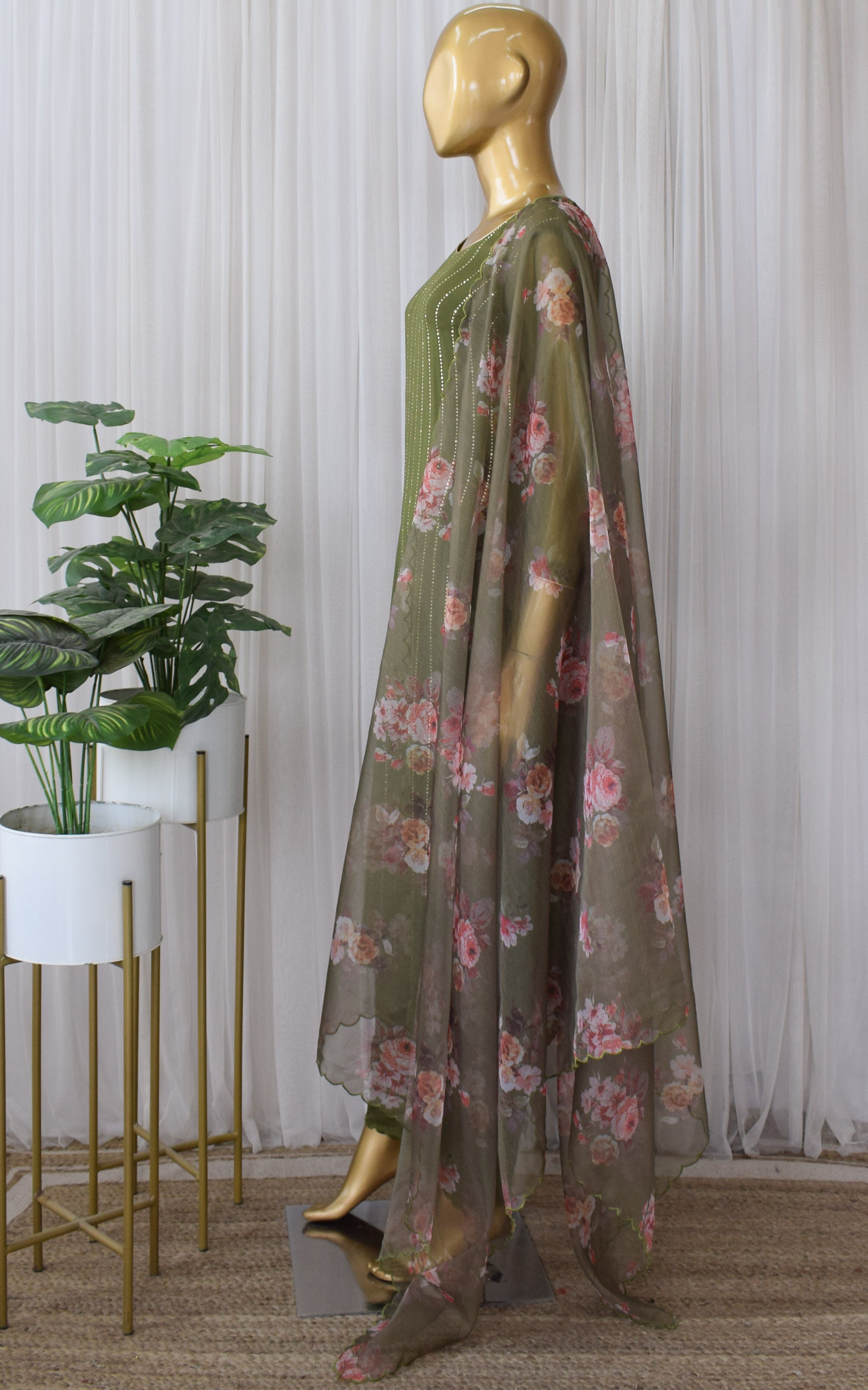 Olive Green Mukaish Kurta Set with Organza Dupatta