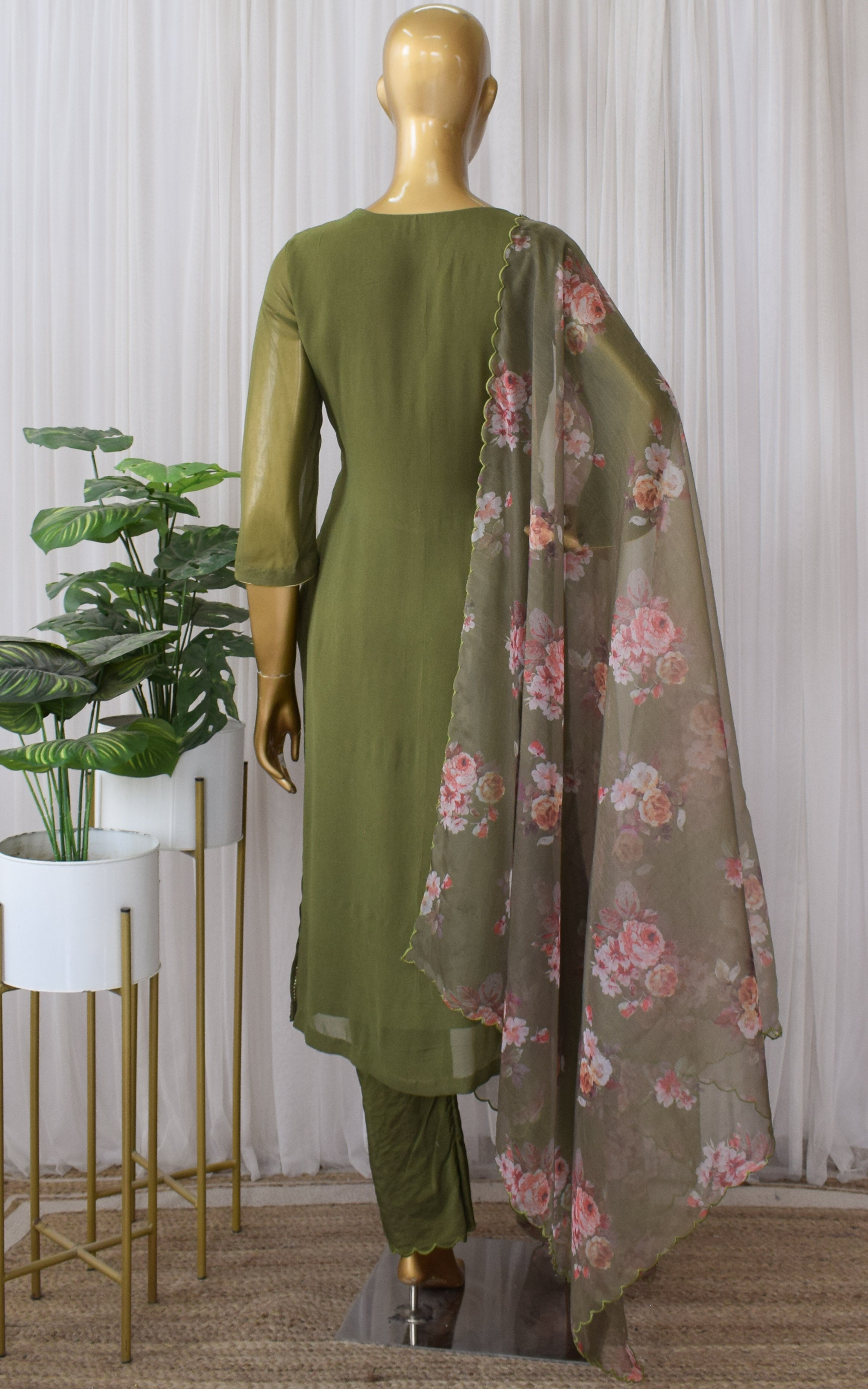 Olive Green Mukaish Kurta Set with Organza Dupatta