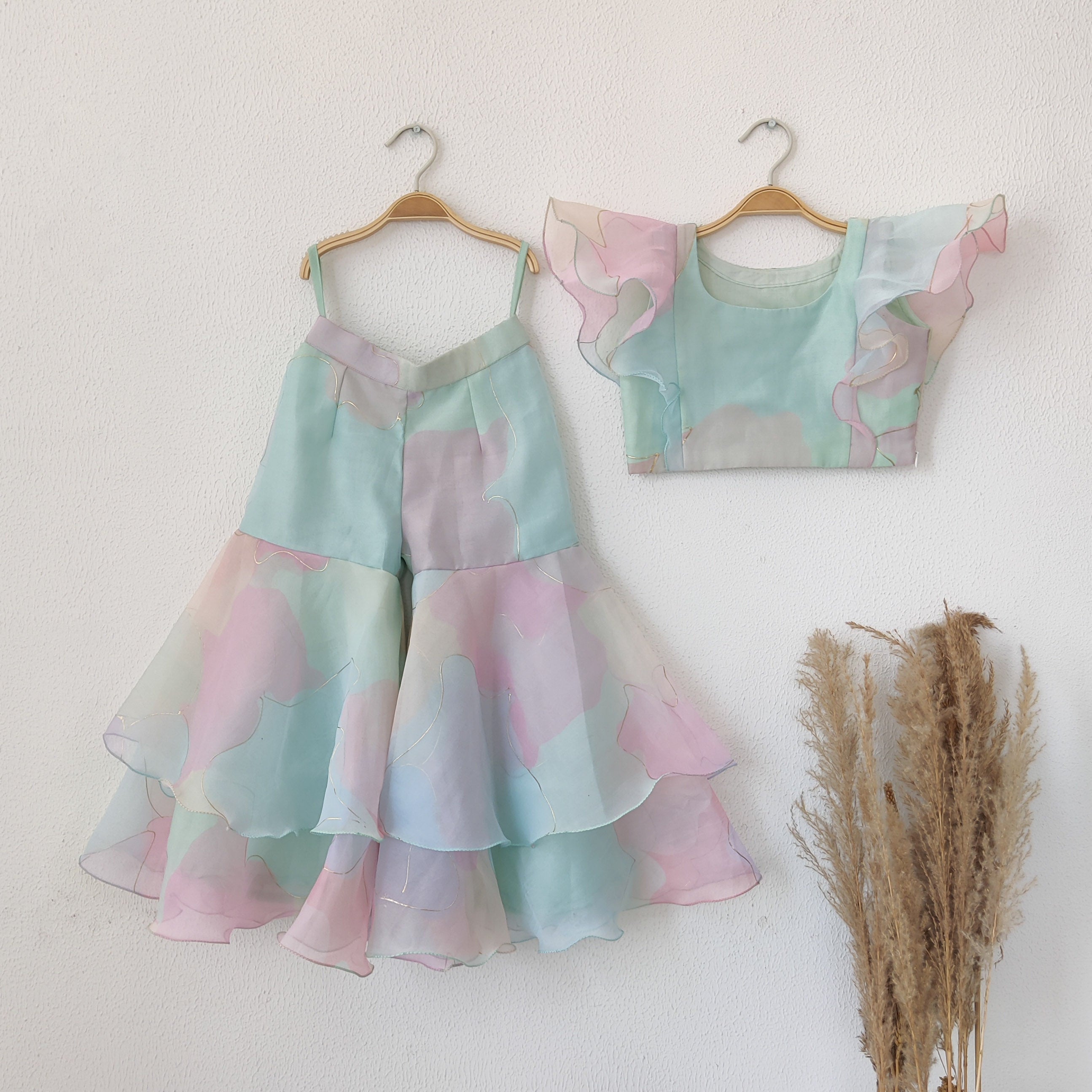Pastel Dream Organza Crop-Top Kids Sharara Set