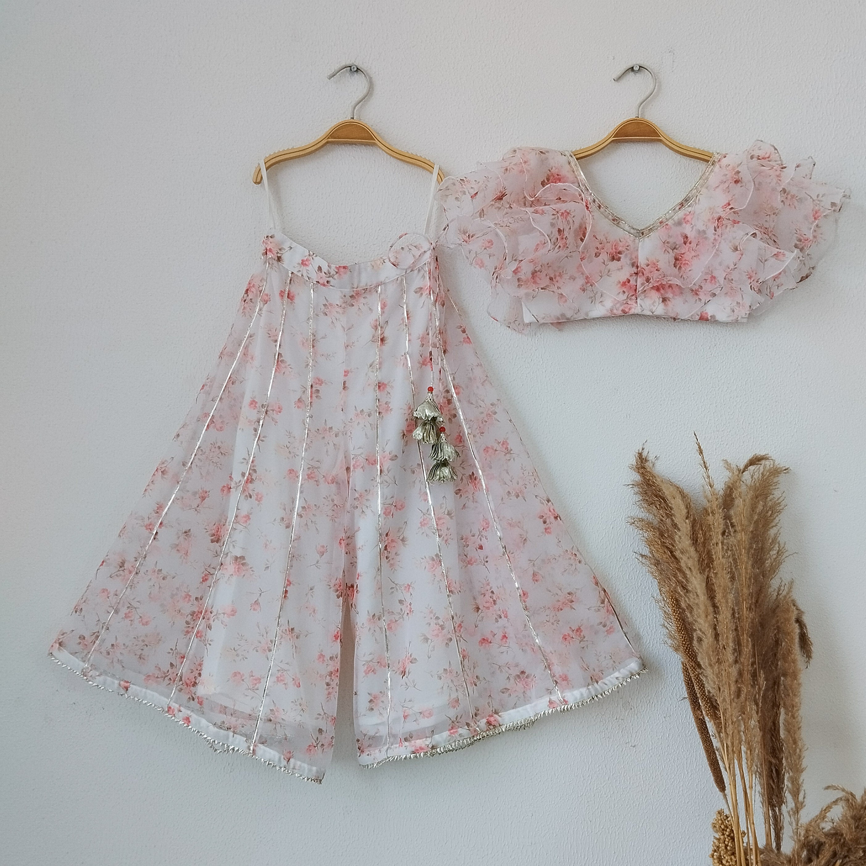 White Floral Ruffle Organza Kids Crop-Top & Sharara