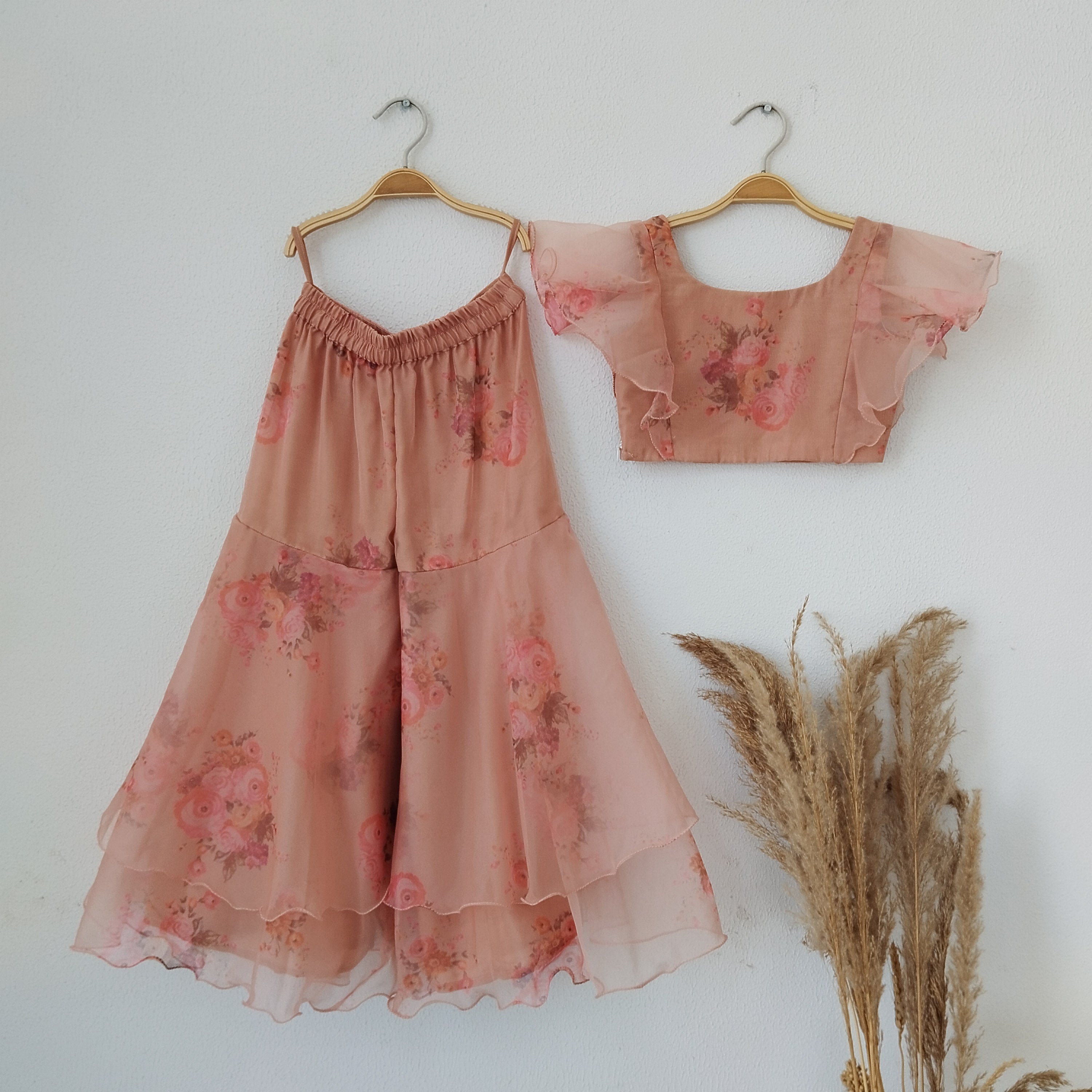 Dusty Pink Floral Organza Crop-Top Kids Sharara Set