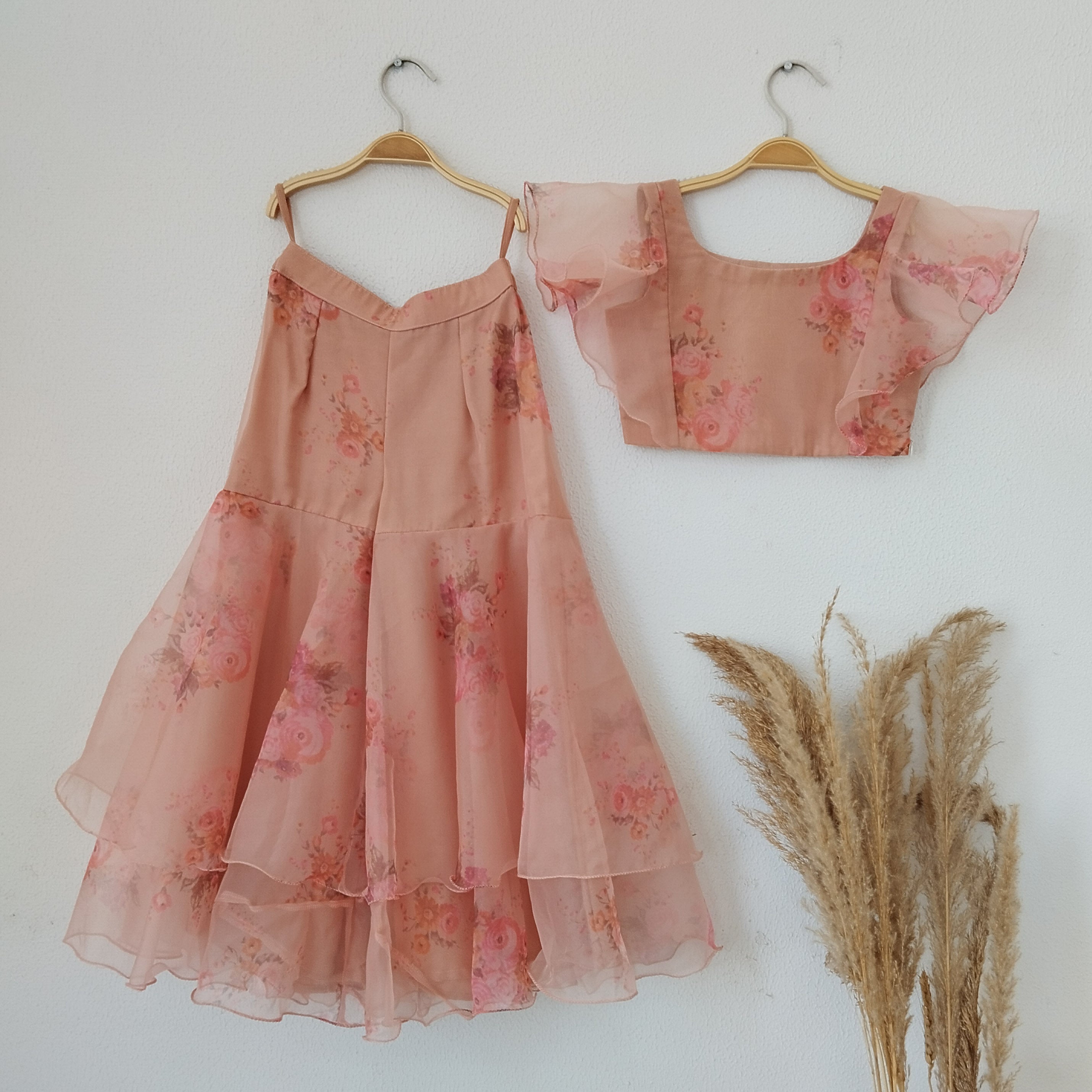 Dusty Pink Floral Organza Crop-Top Kids Sharara Set