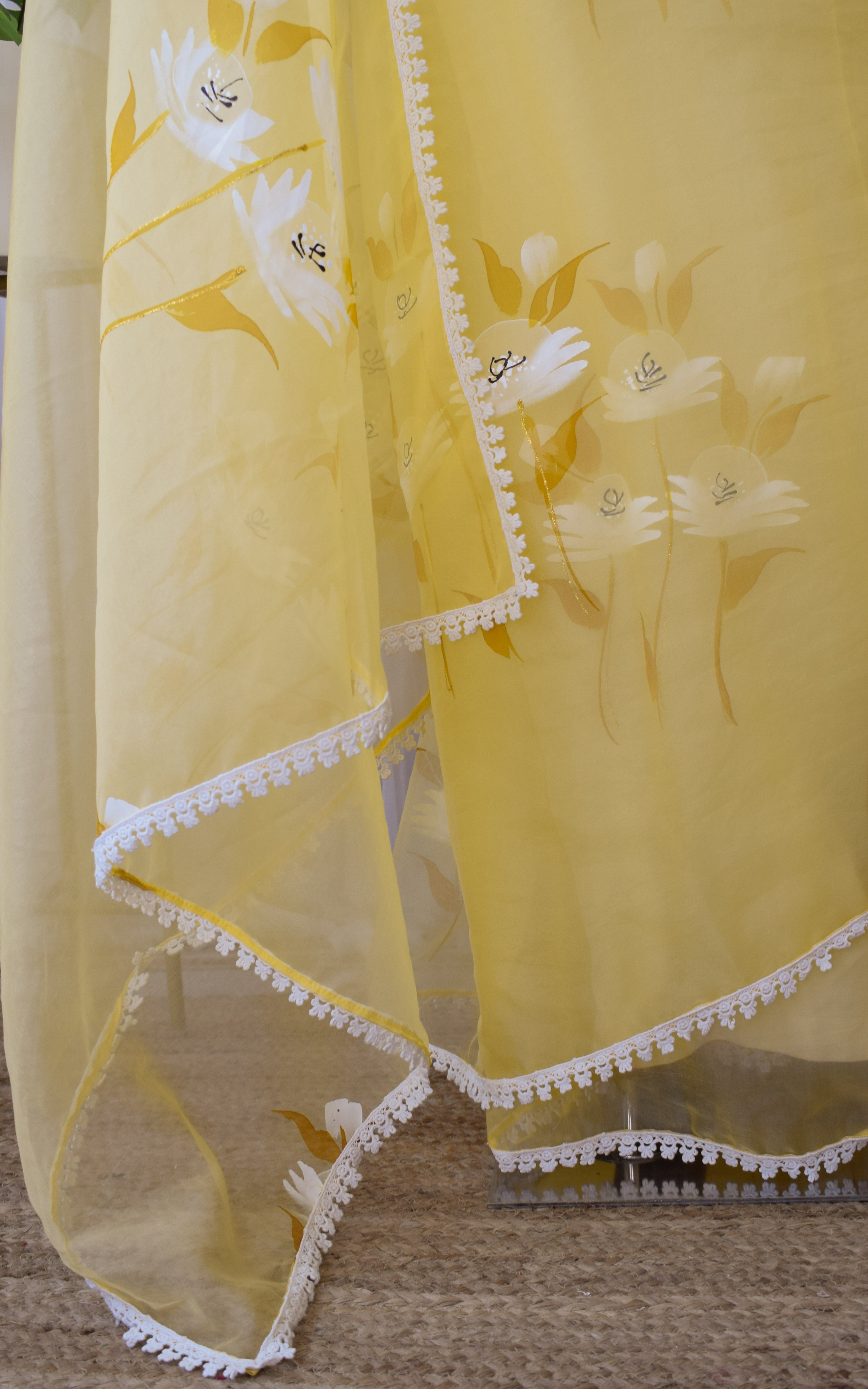 Macaroon Yellow Handpainted Organza Saree