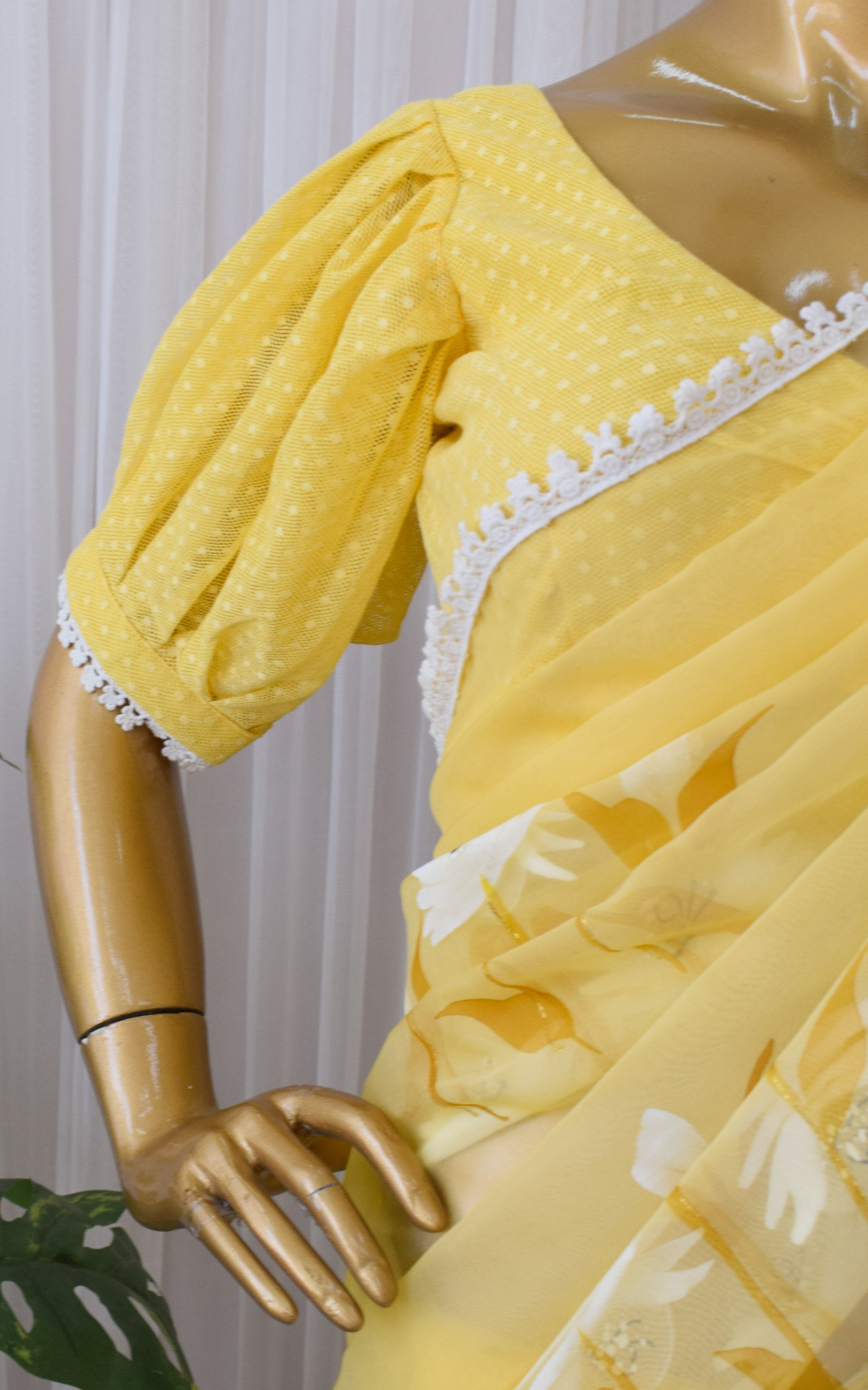 Macaroon Yellow Handpainted Organza Saree