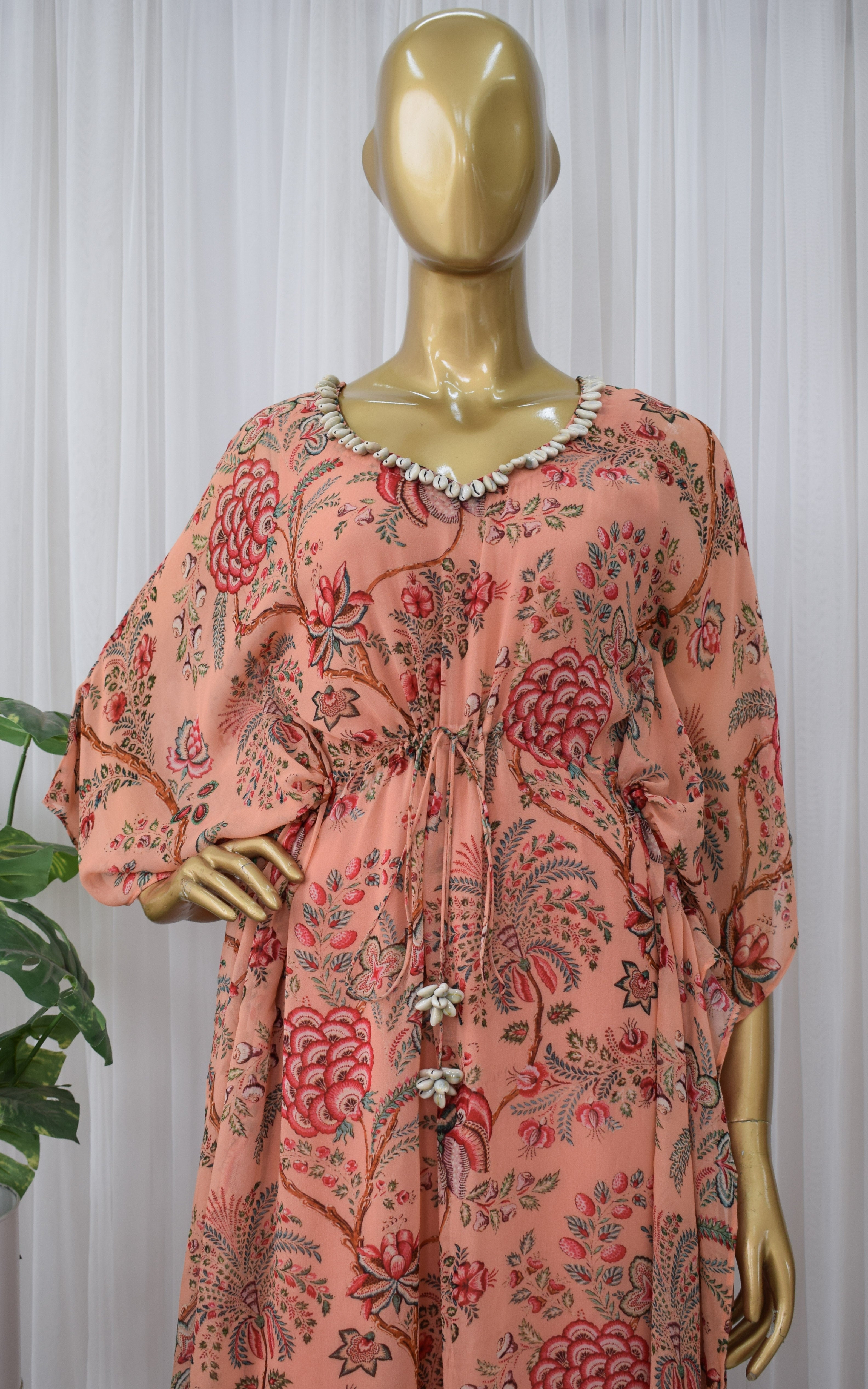Peach Red Floral Printed Georgette Kaftan Set