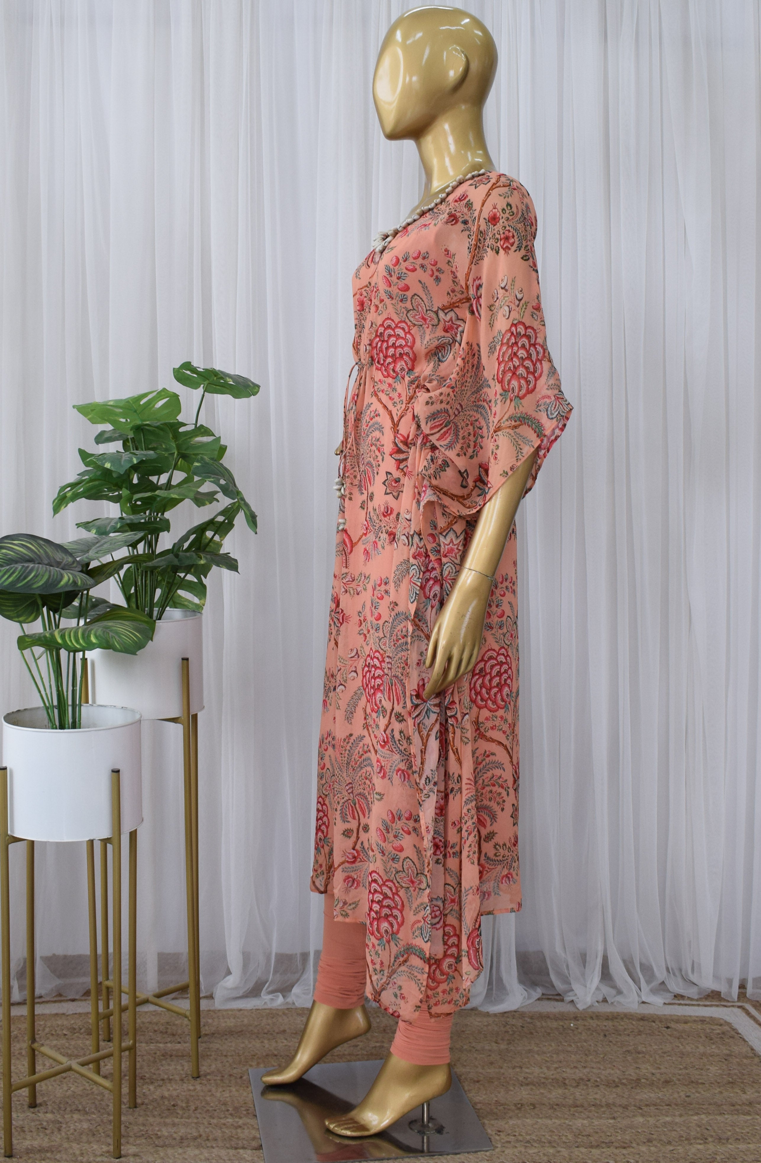 Peach Red Floral Printed Georgette Kaftan Set