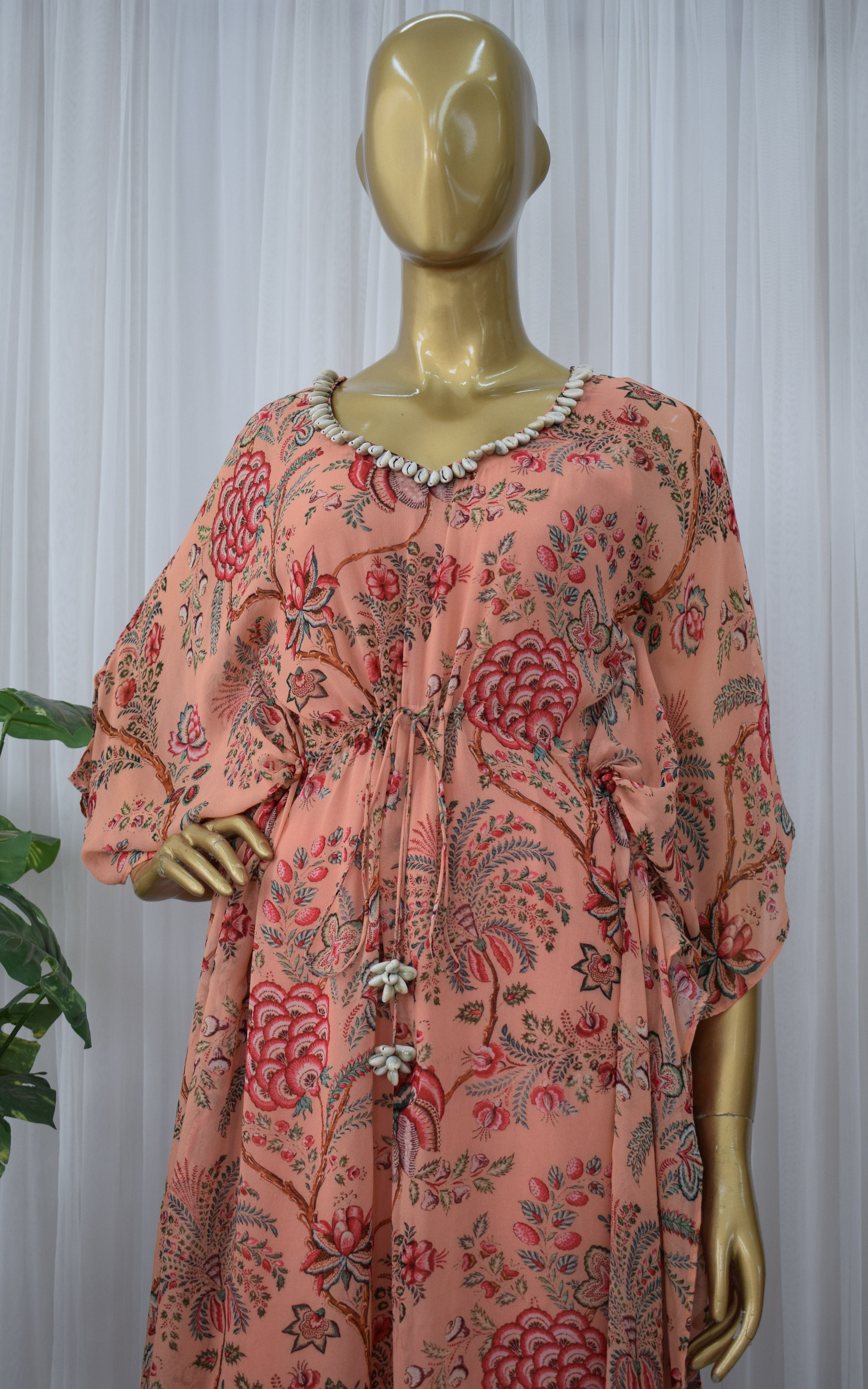 Peach Red Floral Printed Georgette Kaftan Set