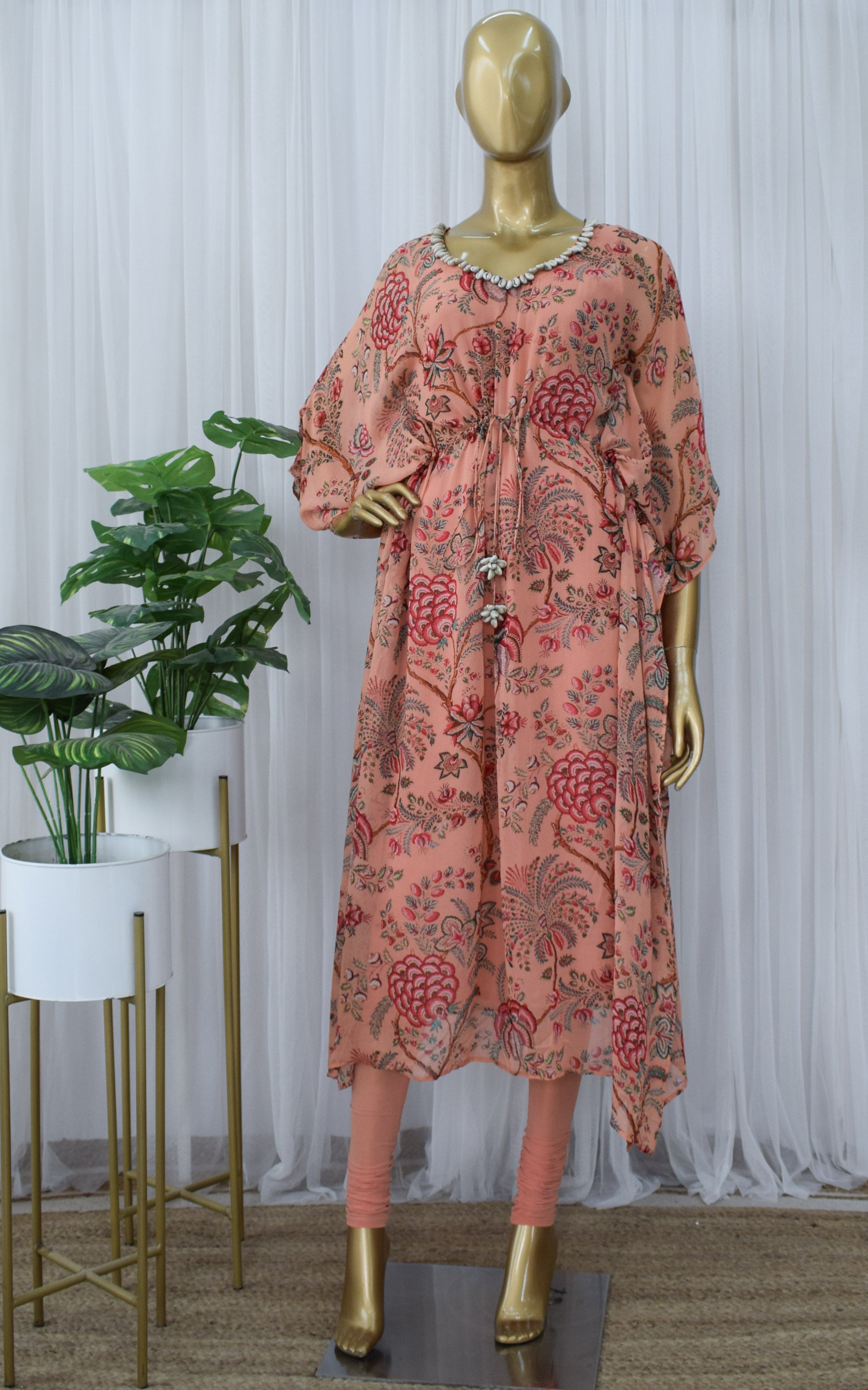 Peach Red Floral Printed Georgette Kaftan Set
