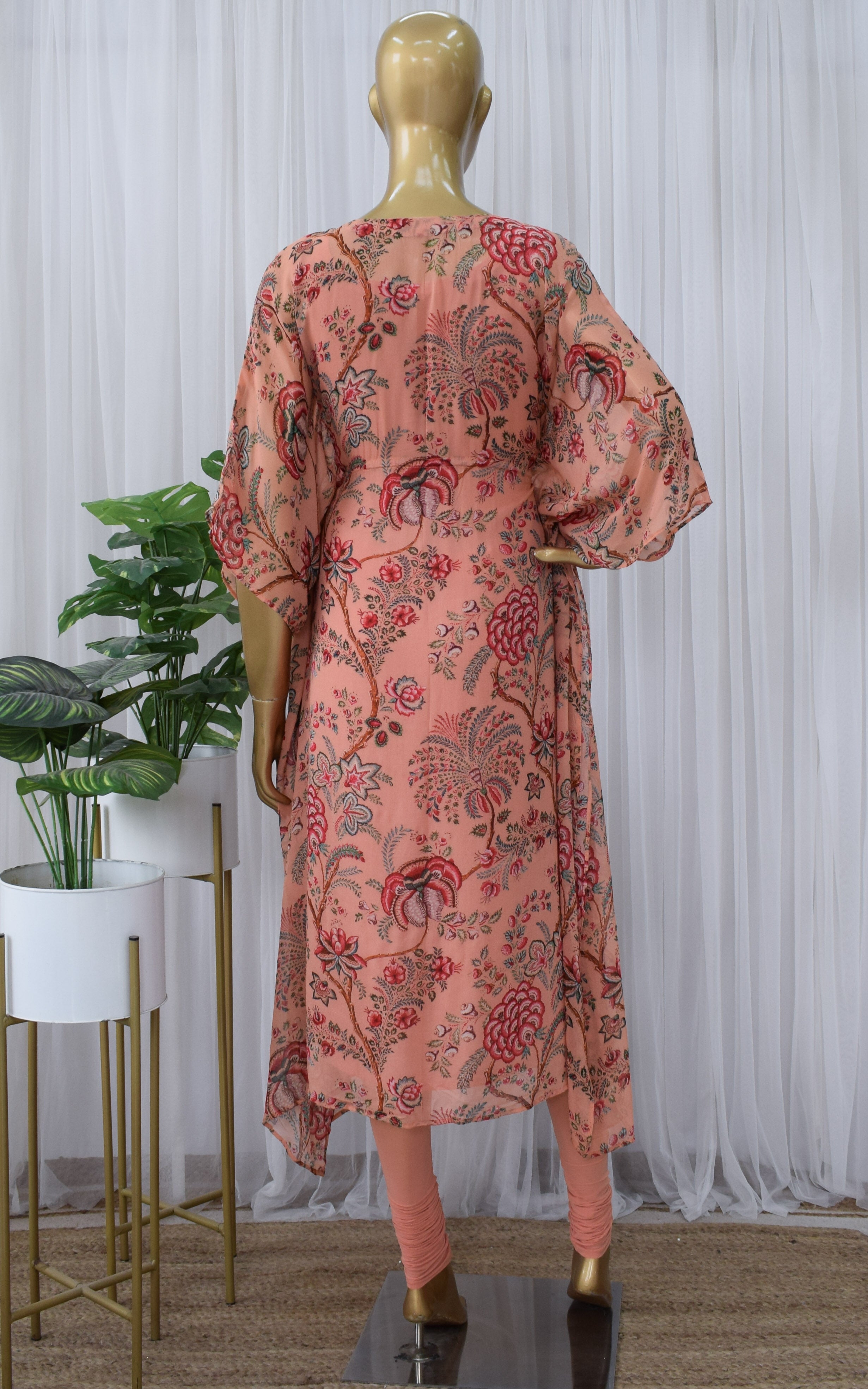 Peach Red Floral Printed Georgette Kaftan Set