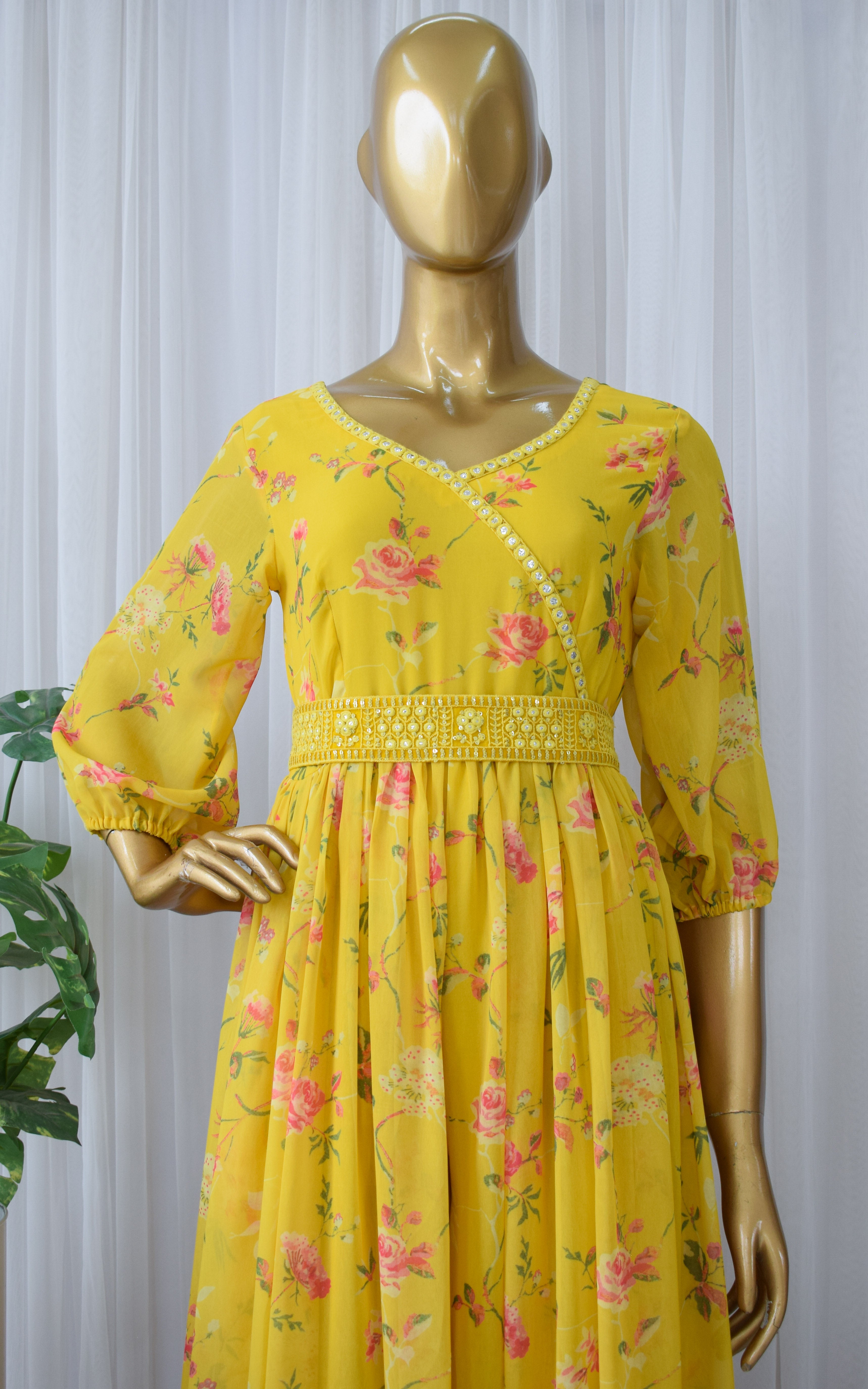 Yellow Rose Floral Printed Georgette Mirrorwork Jumpsuit
