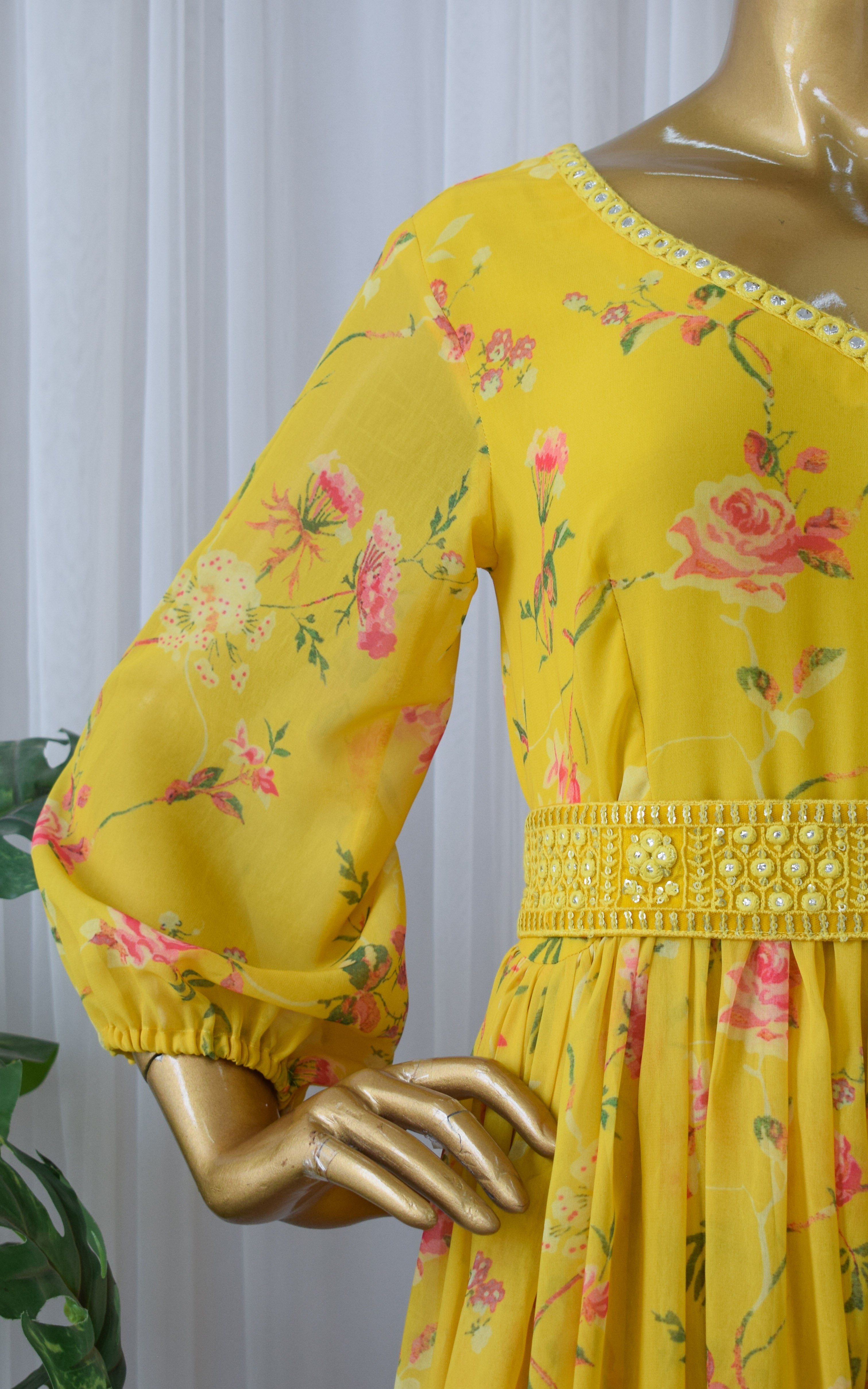 Yellow Rose Floral Printed Georgette Mirrorwork Jumpsuit
