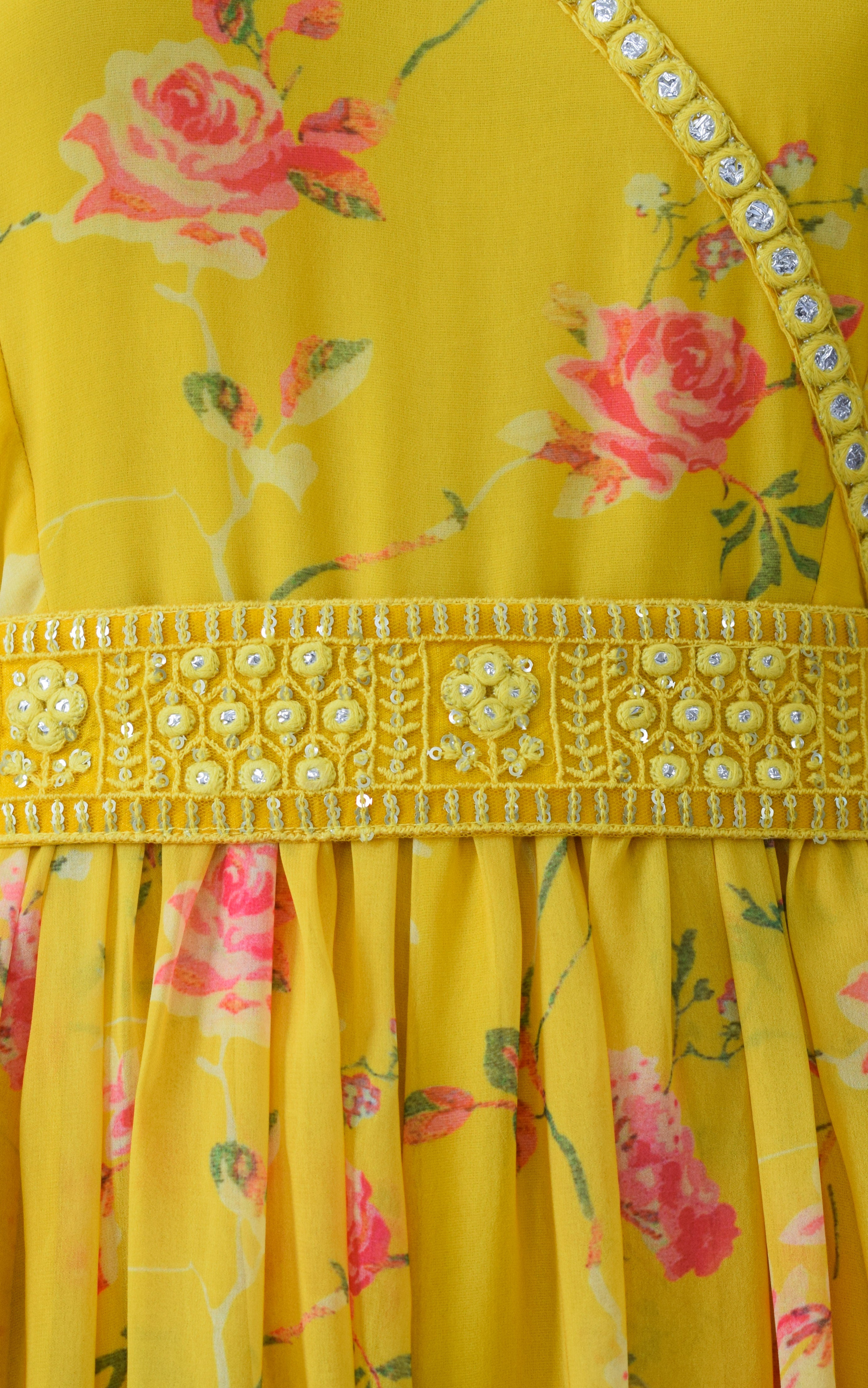 Yellow Rose Floral Printed Georgette Mirrorwork Jumpsuit