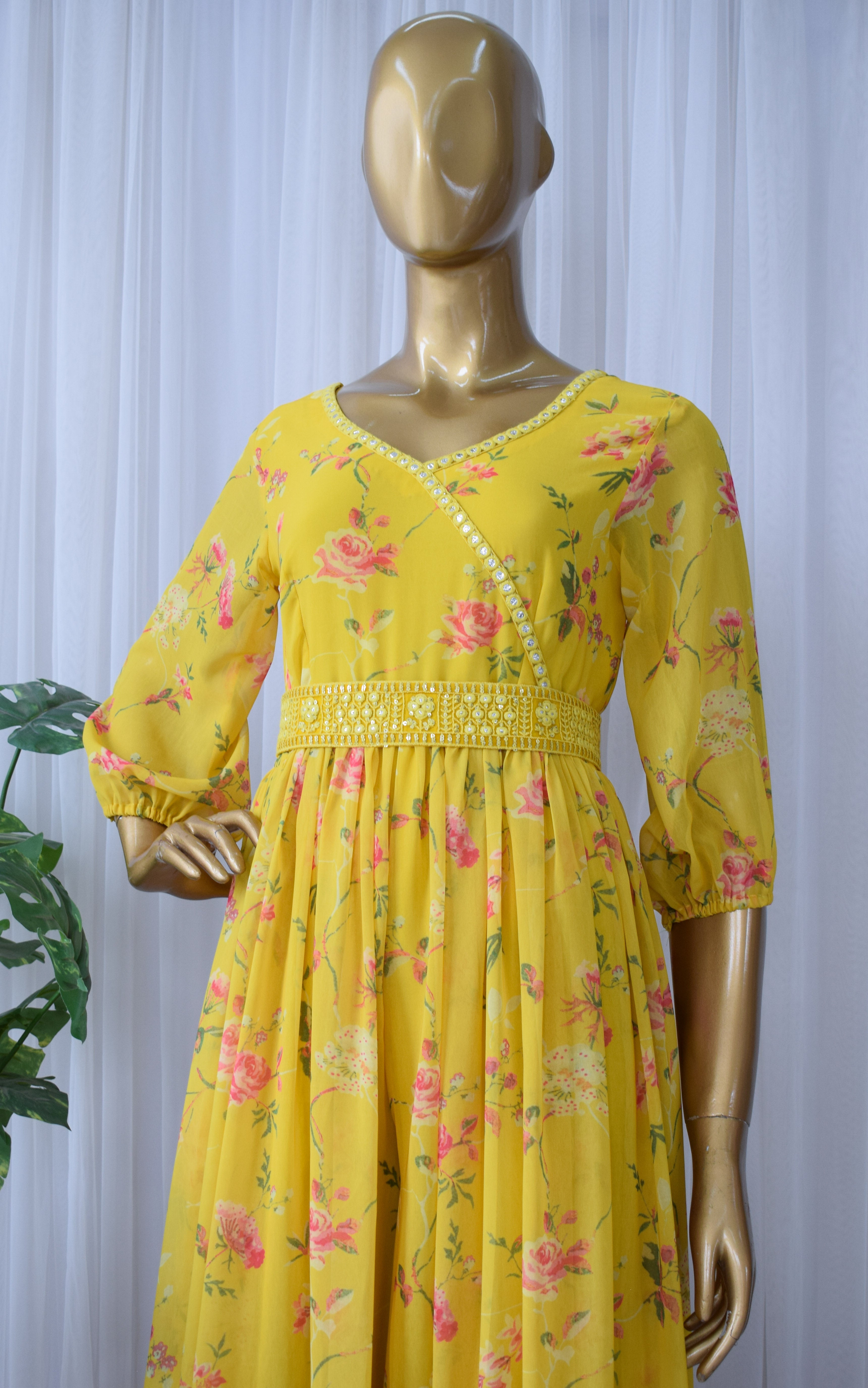 Yellow Rose Floral Printed Georgette Mirrorwork Jumpsuit