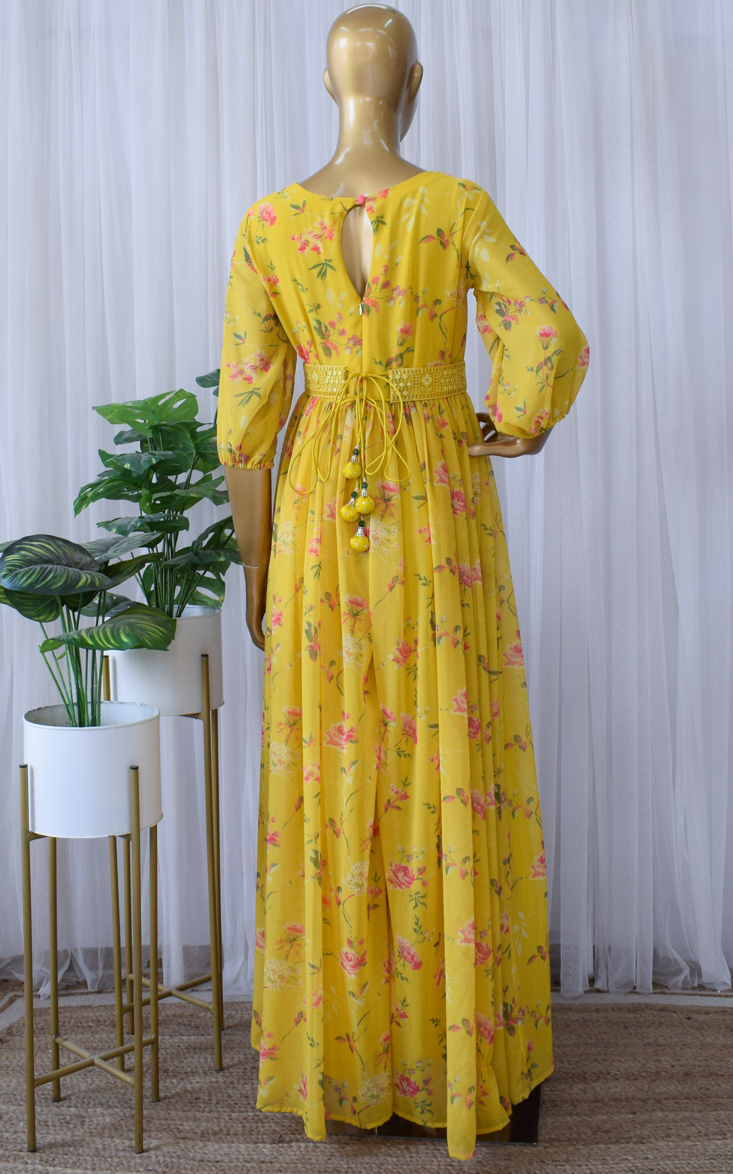 Yellow Rose Floral Printed Georgette Mirrorwork Jumpsuit