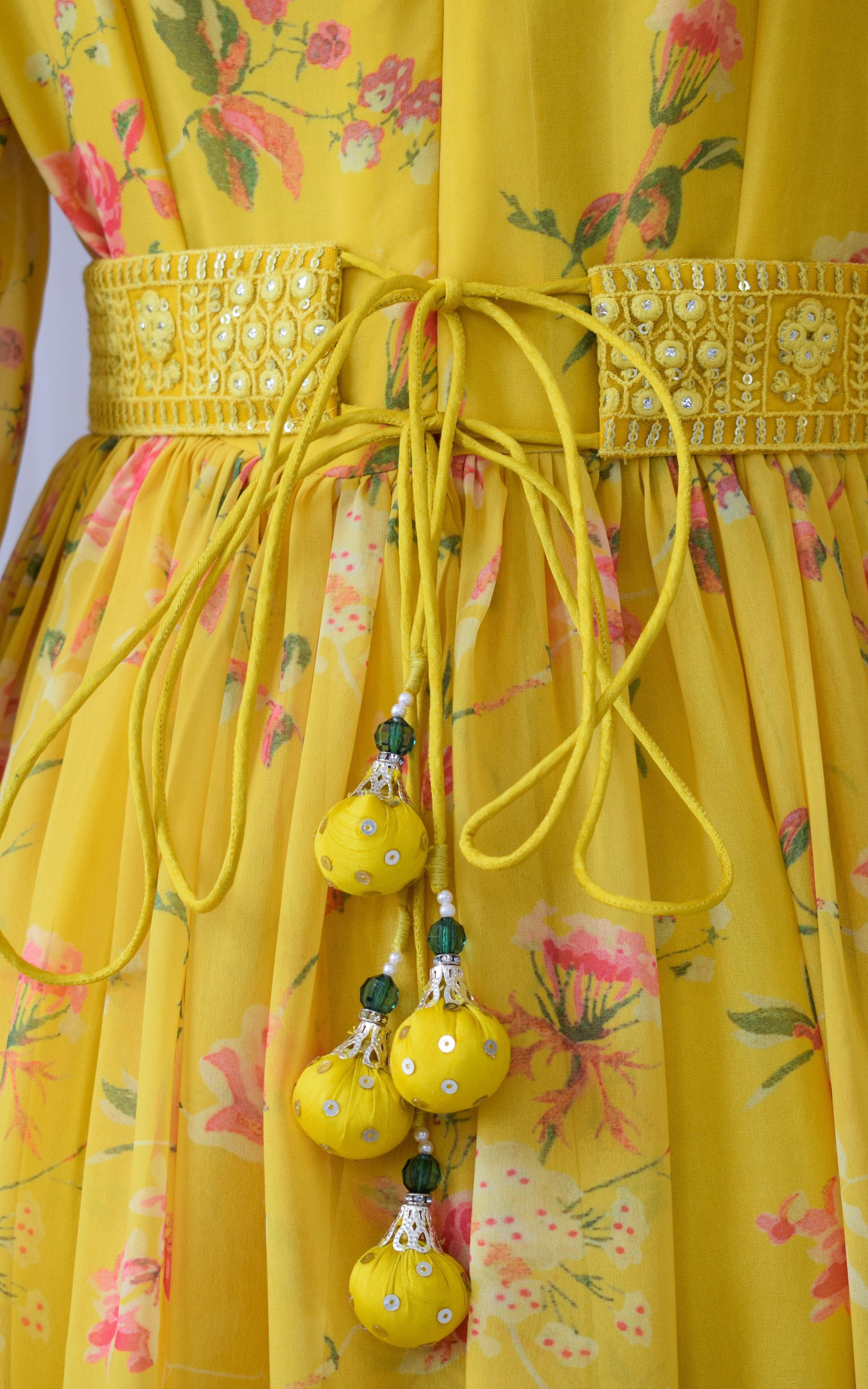 Yellow Rose Floral Printed Georgette Mirrorwork Jumpsuit