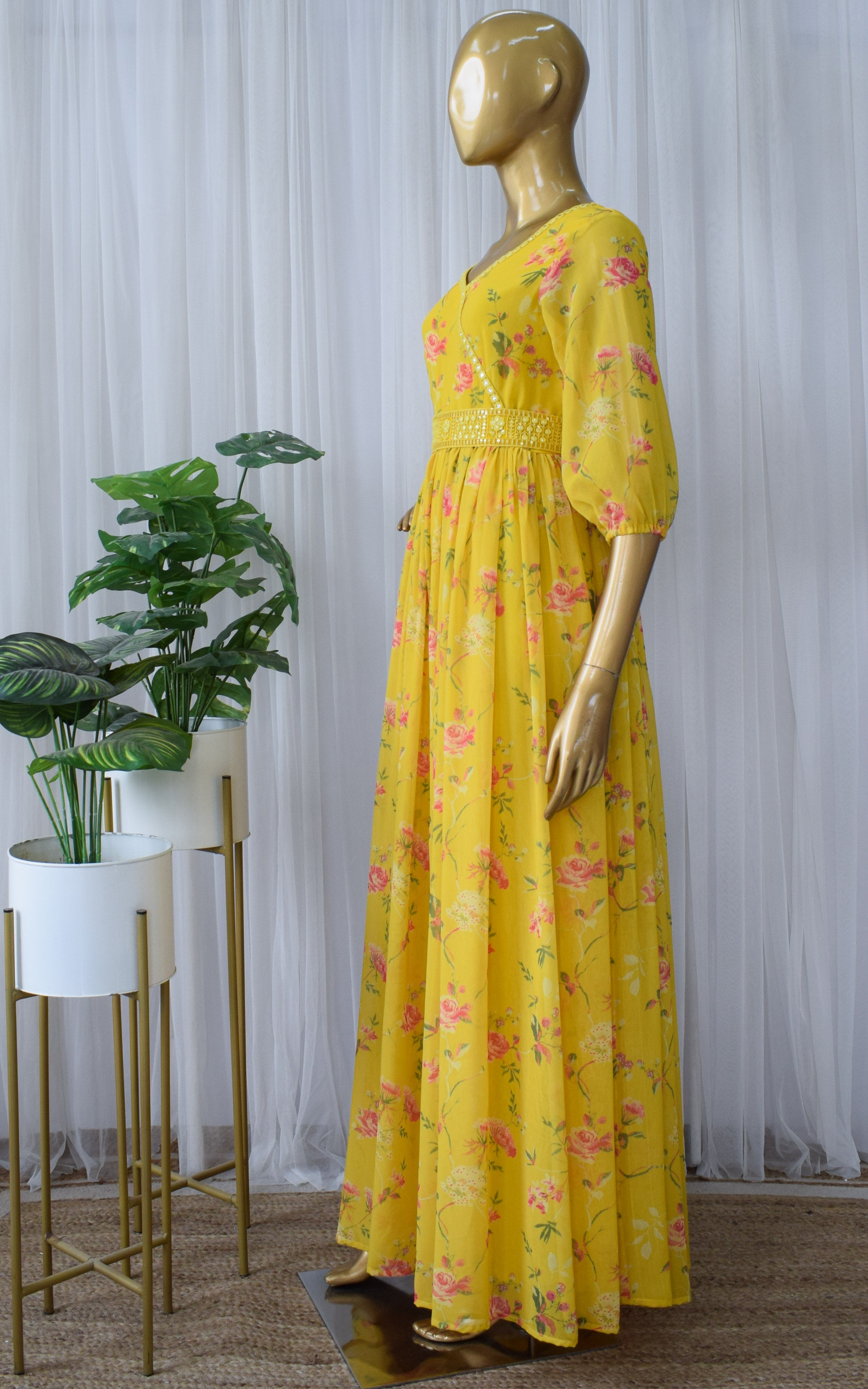 Yellow Rose Floral Printed Georgette Mirrorwork Jumpsuit