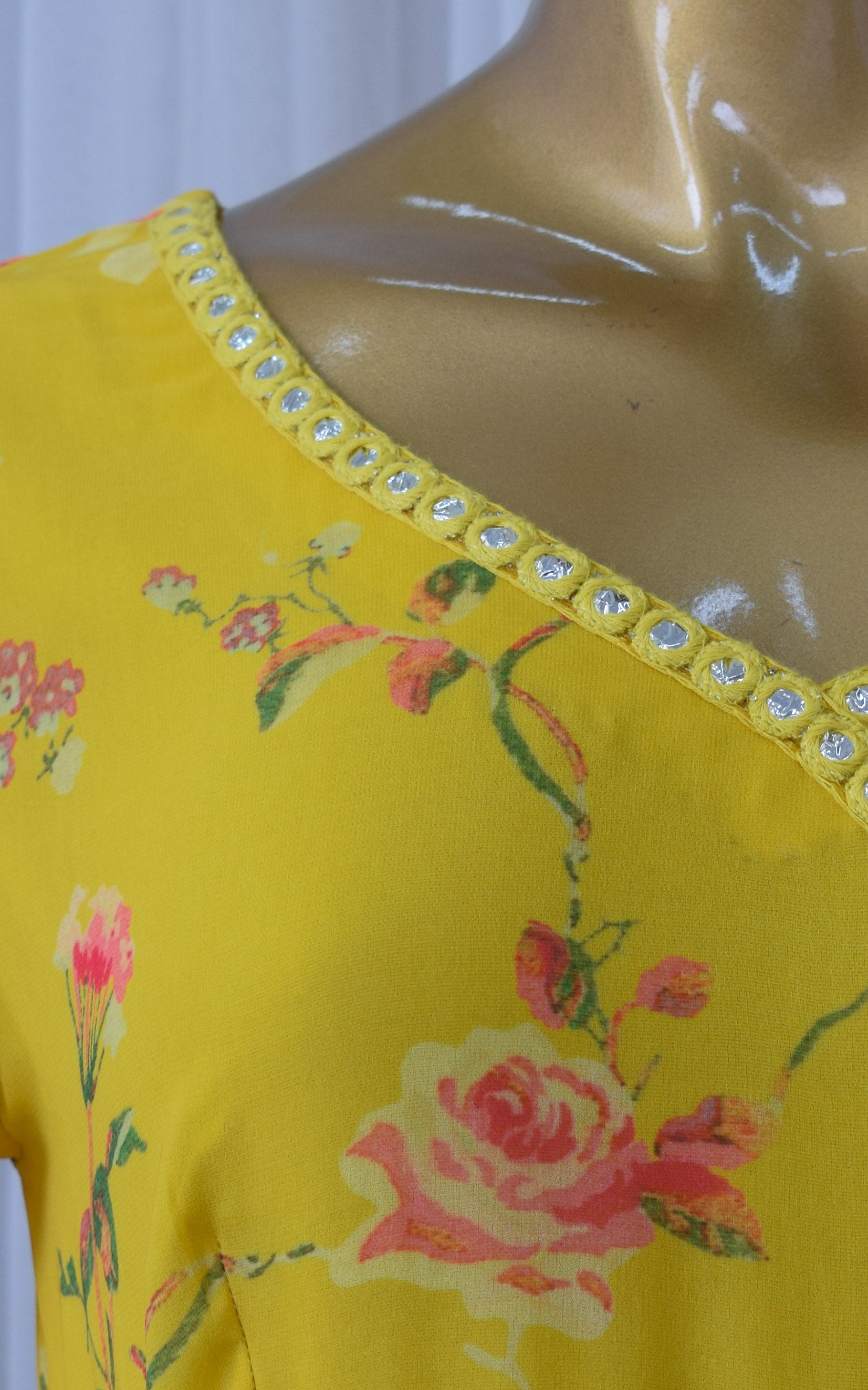 Yellow Rose Floral Printed Georgette Mirrorwork Jumpsuit