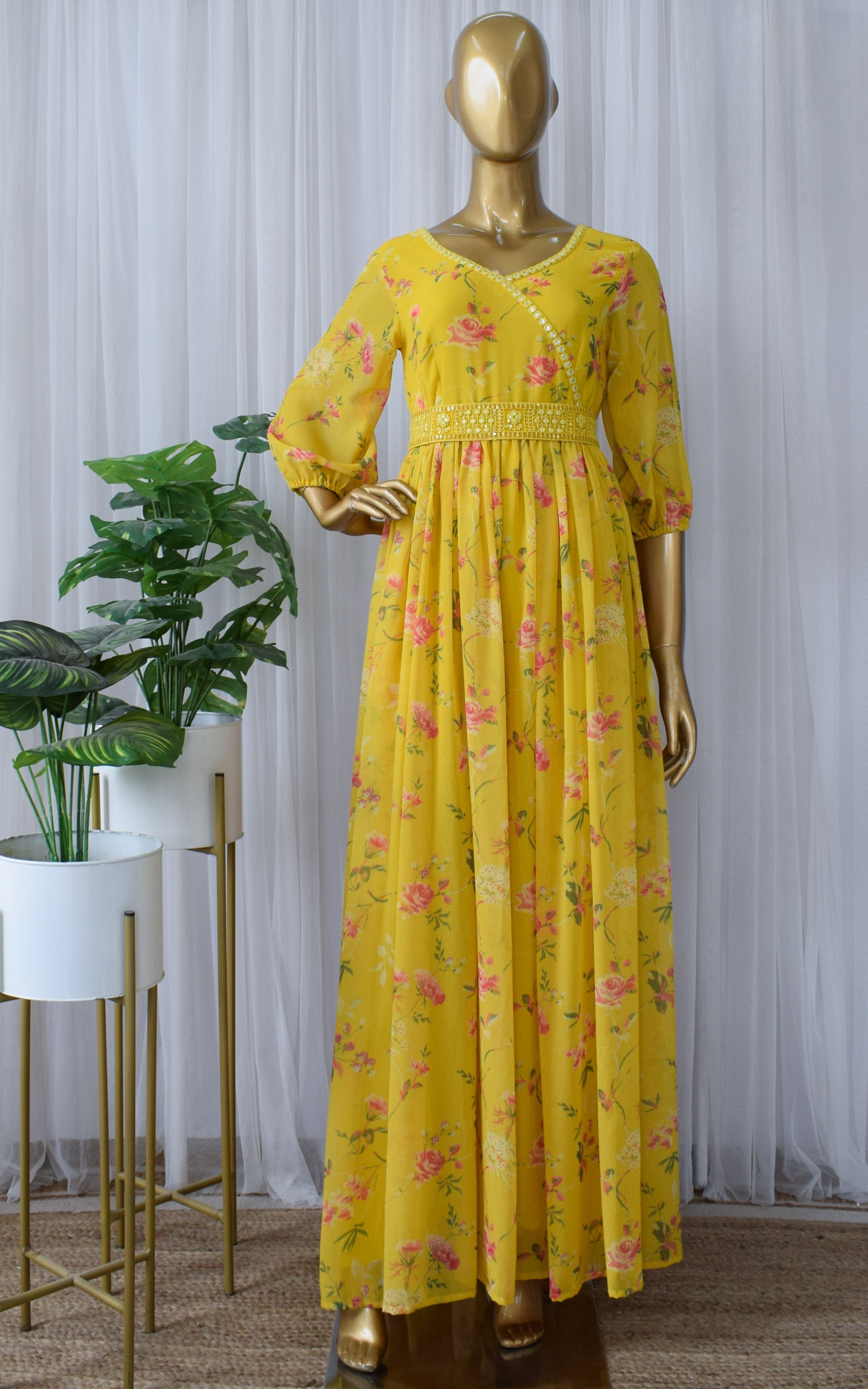 Yellow Rose Floral Printed Georgette Mirrorwork Jumpsuit