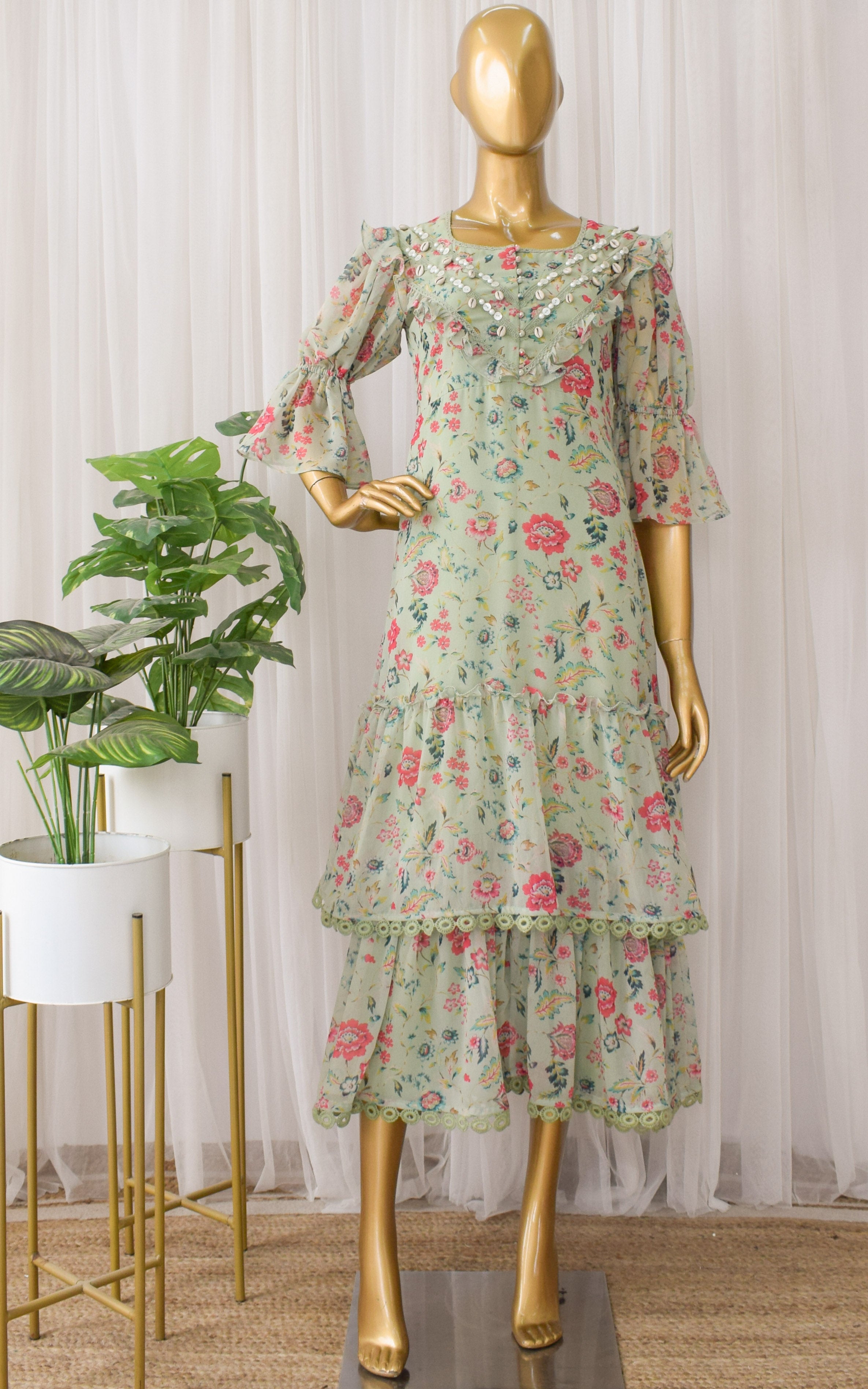 Sage Green Floral Printed Georgette Dress