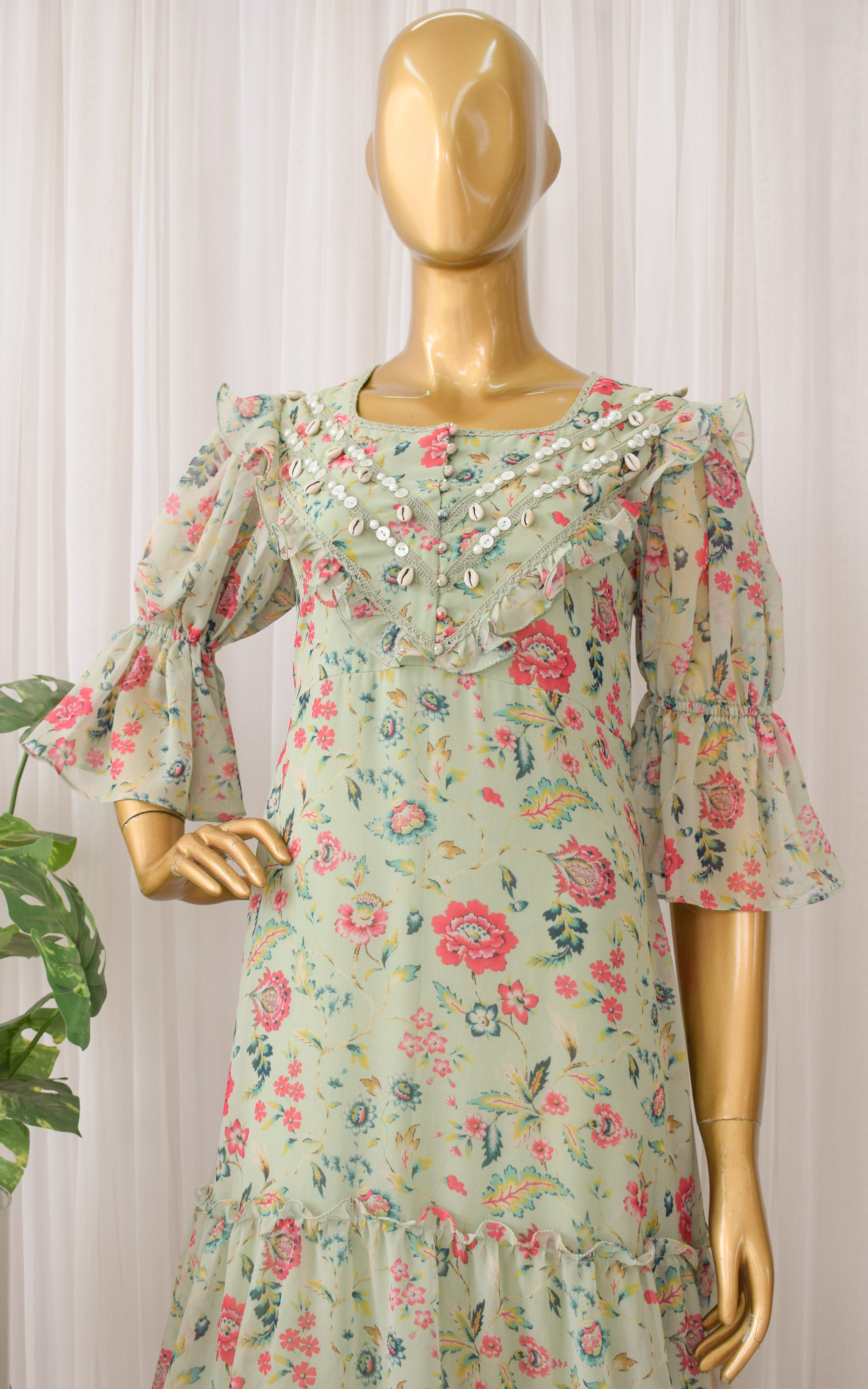 Sage Green Floral Printed Georgette Dress