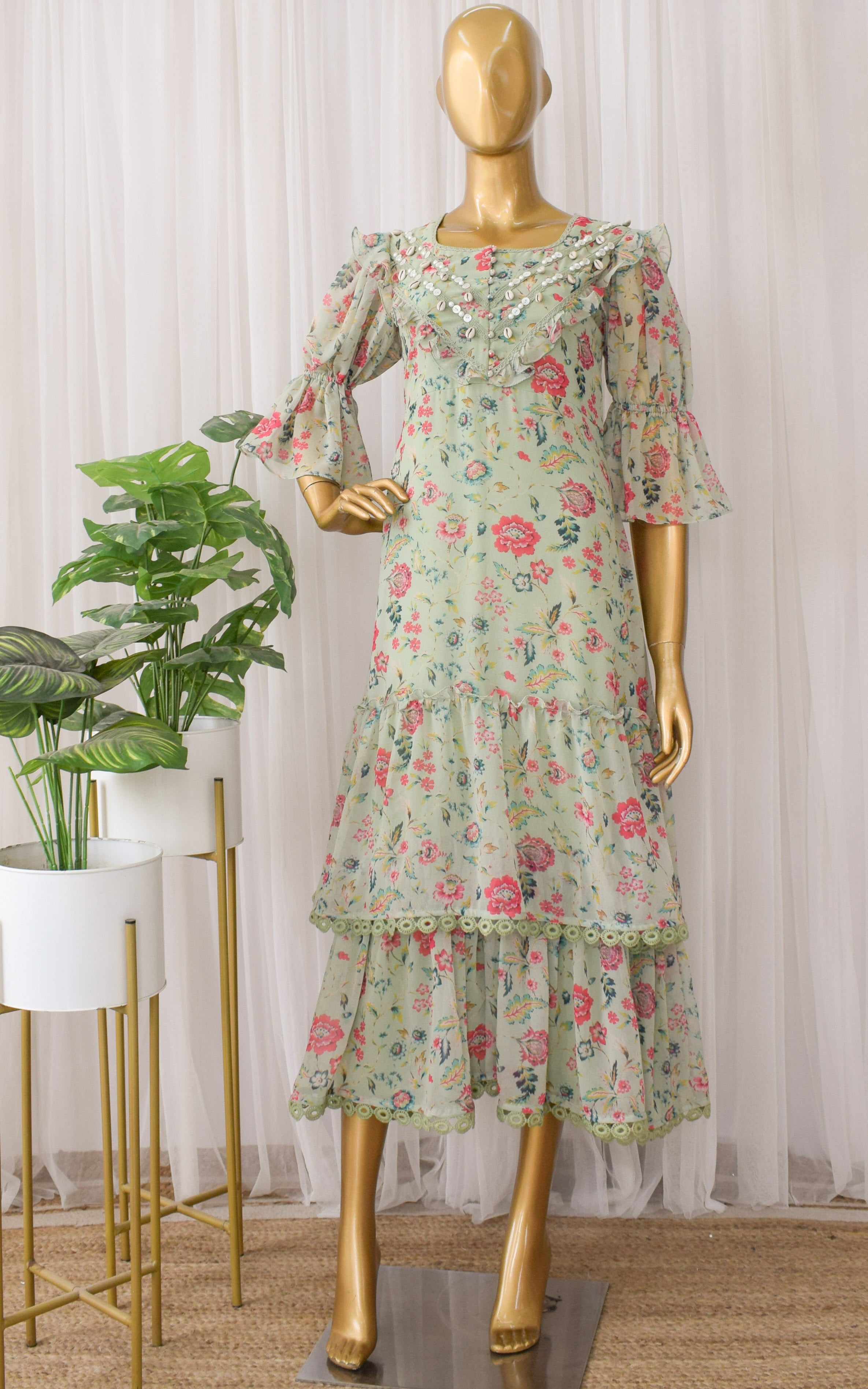 Sage Green Floral Printed Georgette Dress