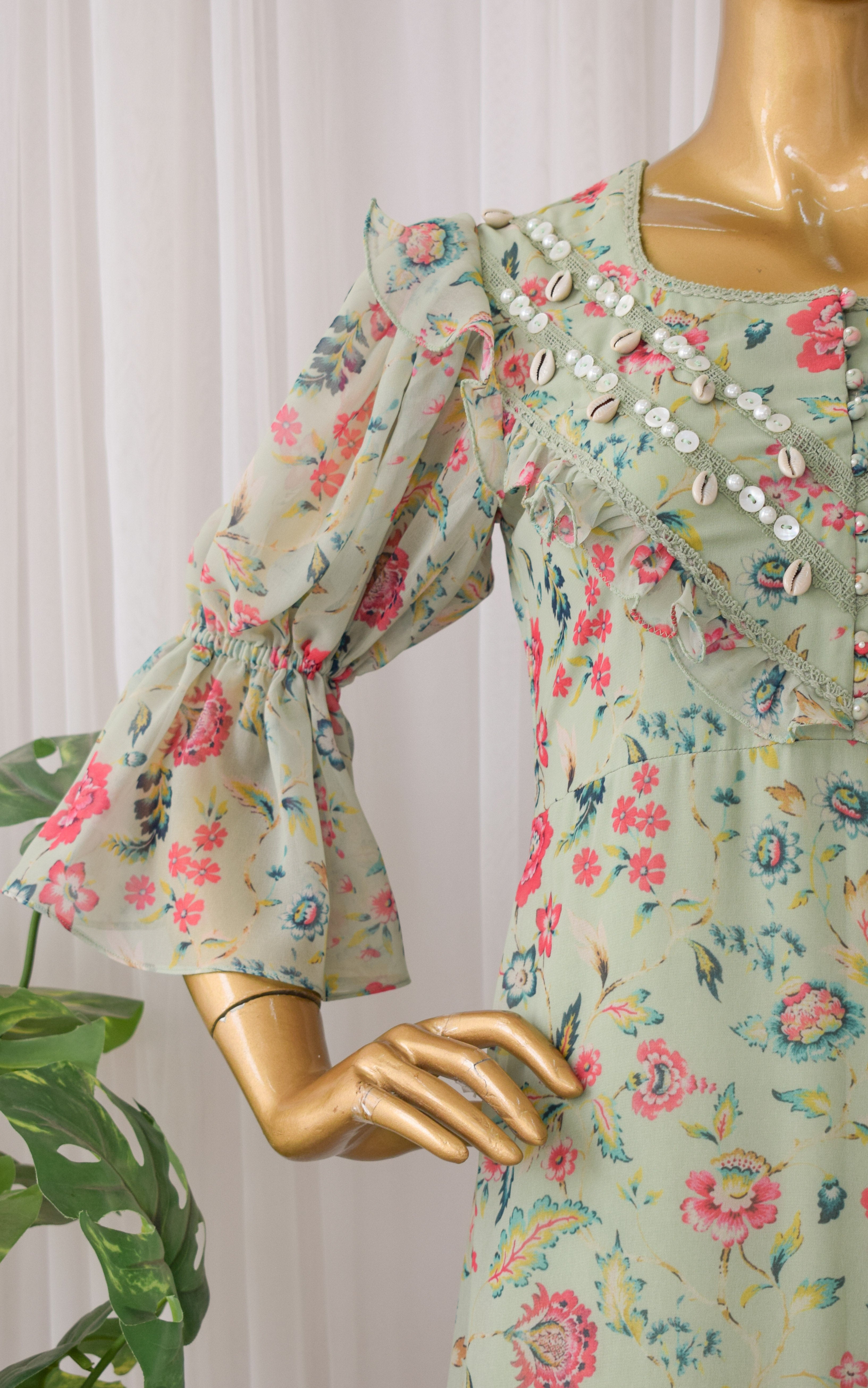 Sage Green Floral Printed Georgette Dress
