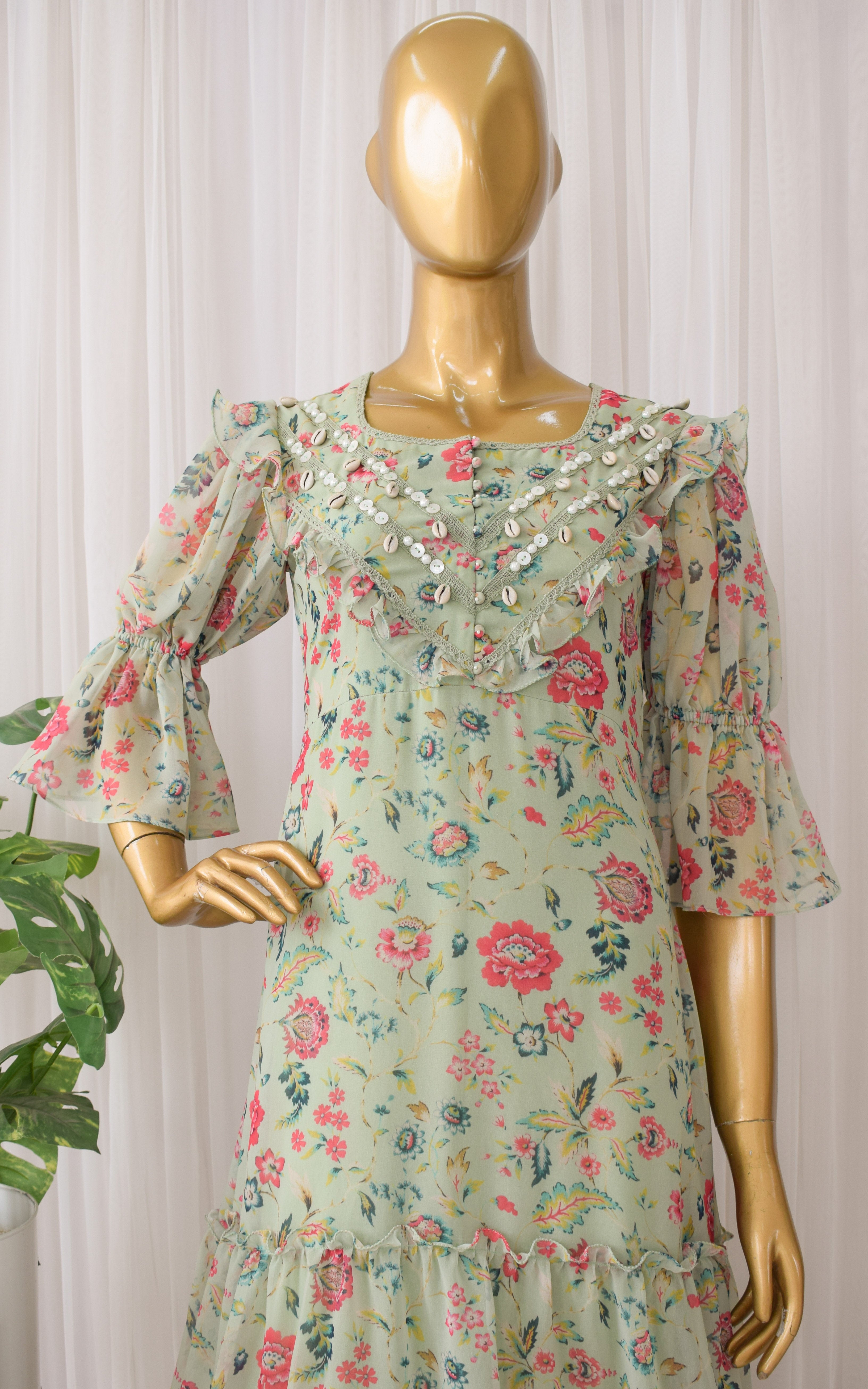Sage Green Floral Printed Georgette Dress