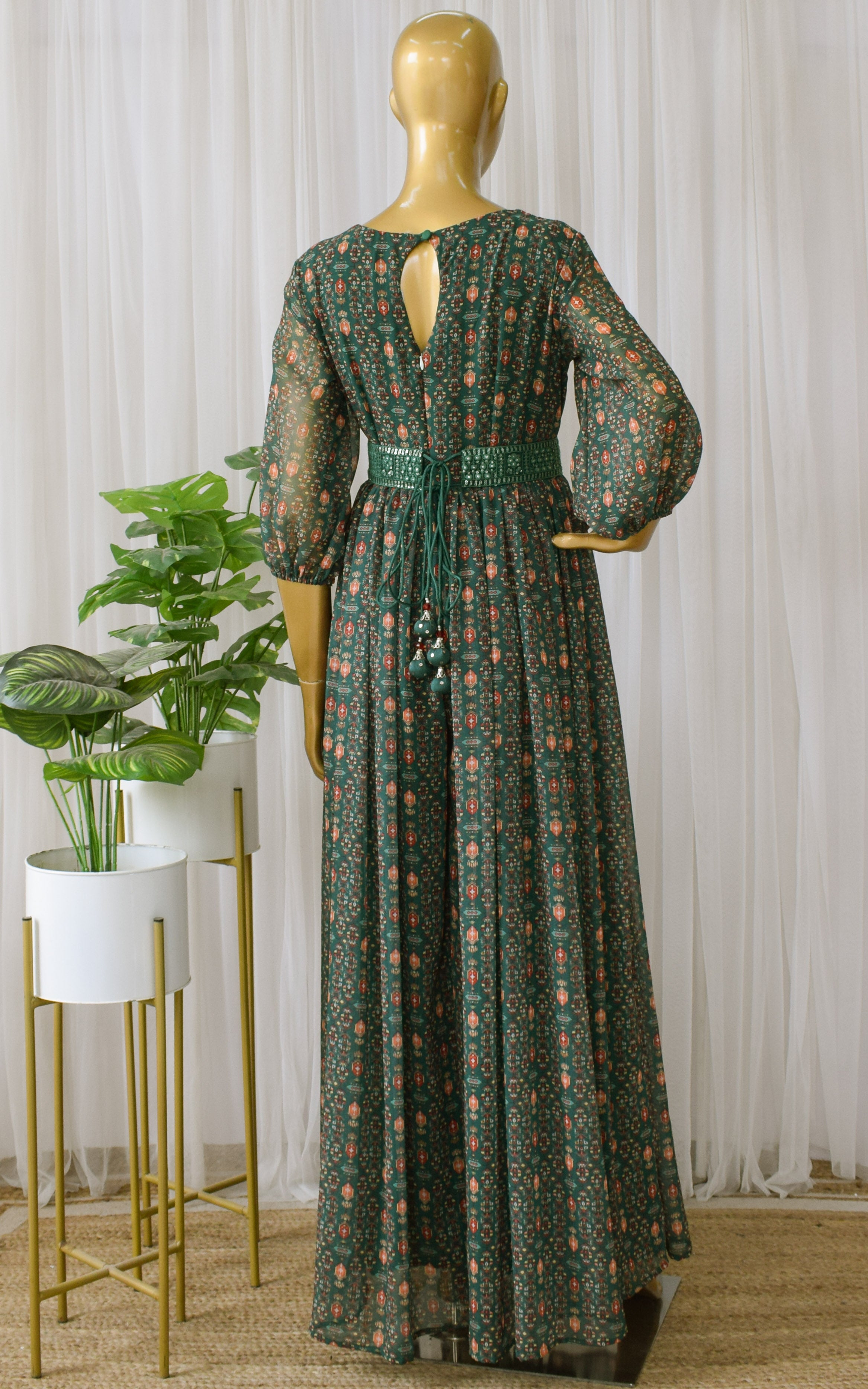 Green Vintage Printed Georgette Mirrorwork Jumpsuit