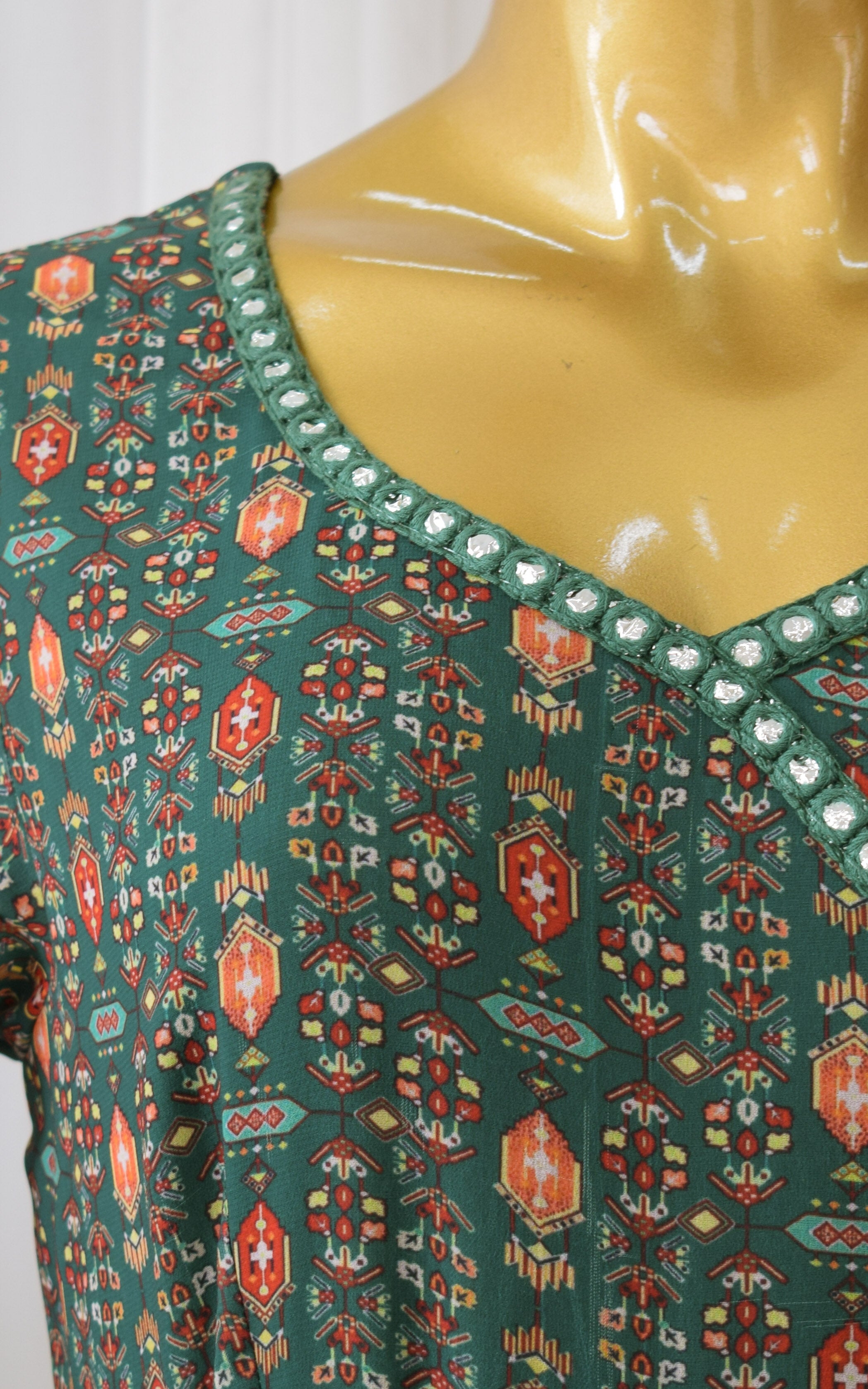 Green Vintage Printed Georgette Mirrorwork Jumpsuit