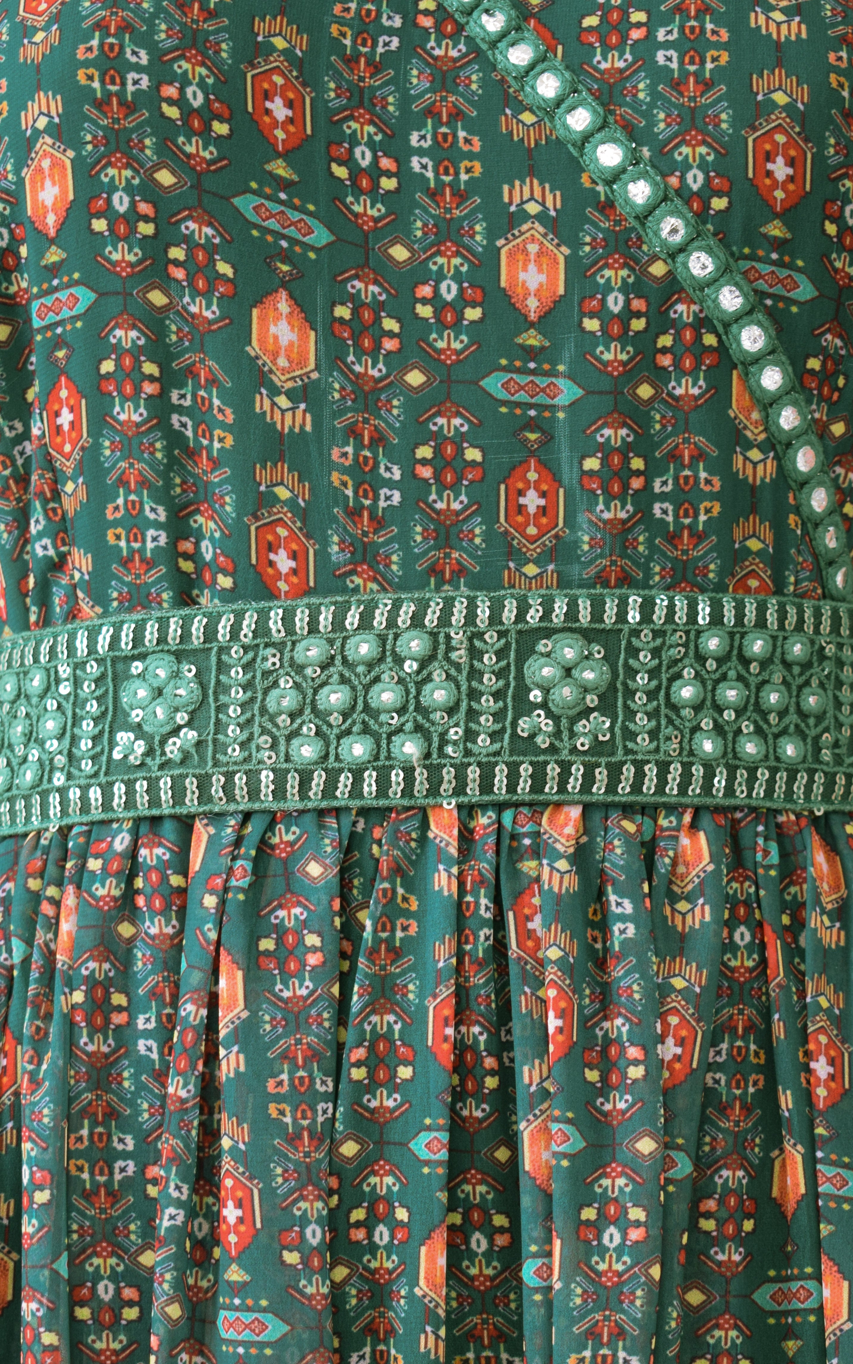 Green Vintage Printed Georgette Mirrorwork Jumpsuit