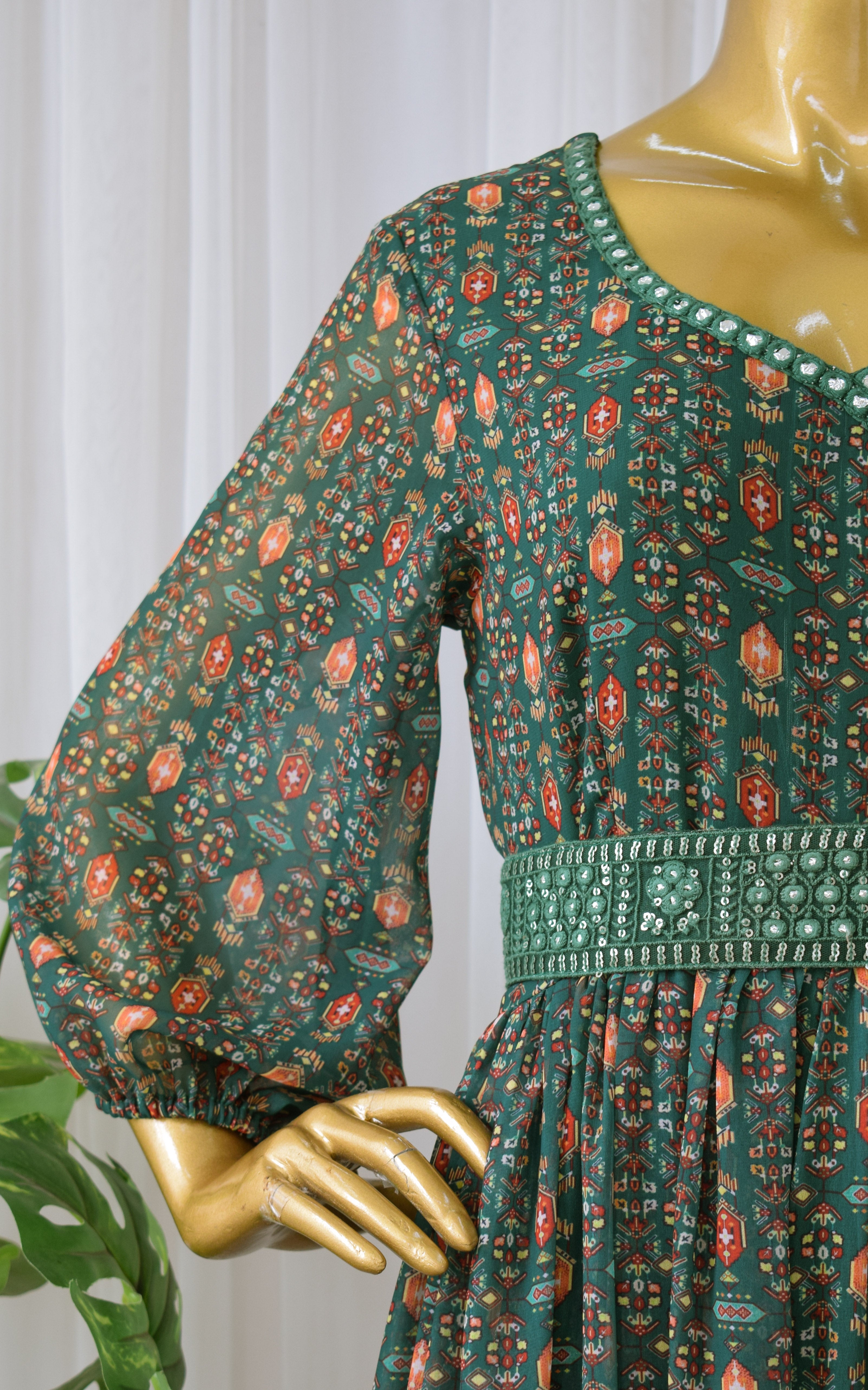 Green Vintage Printed Georgette Mirrorwork Jumpsuit