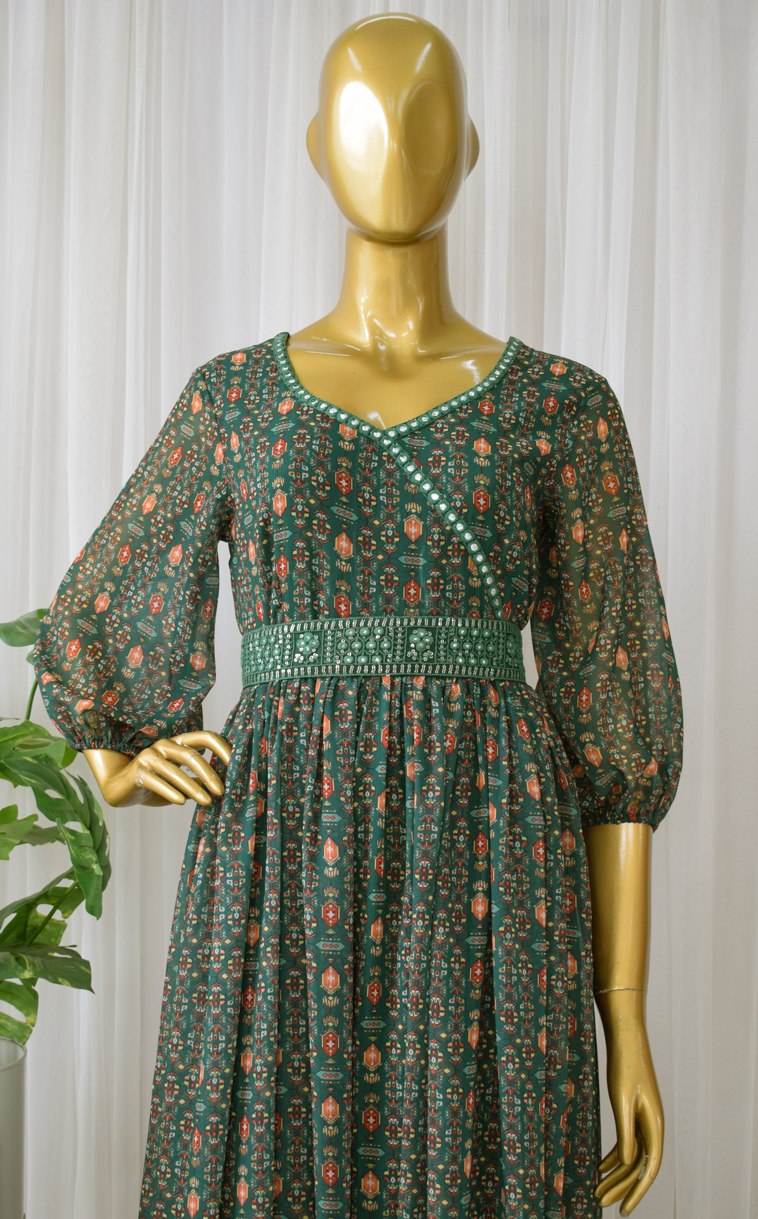 Green Vintage Printed Georgette Mirrorwork Jumpsuit