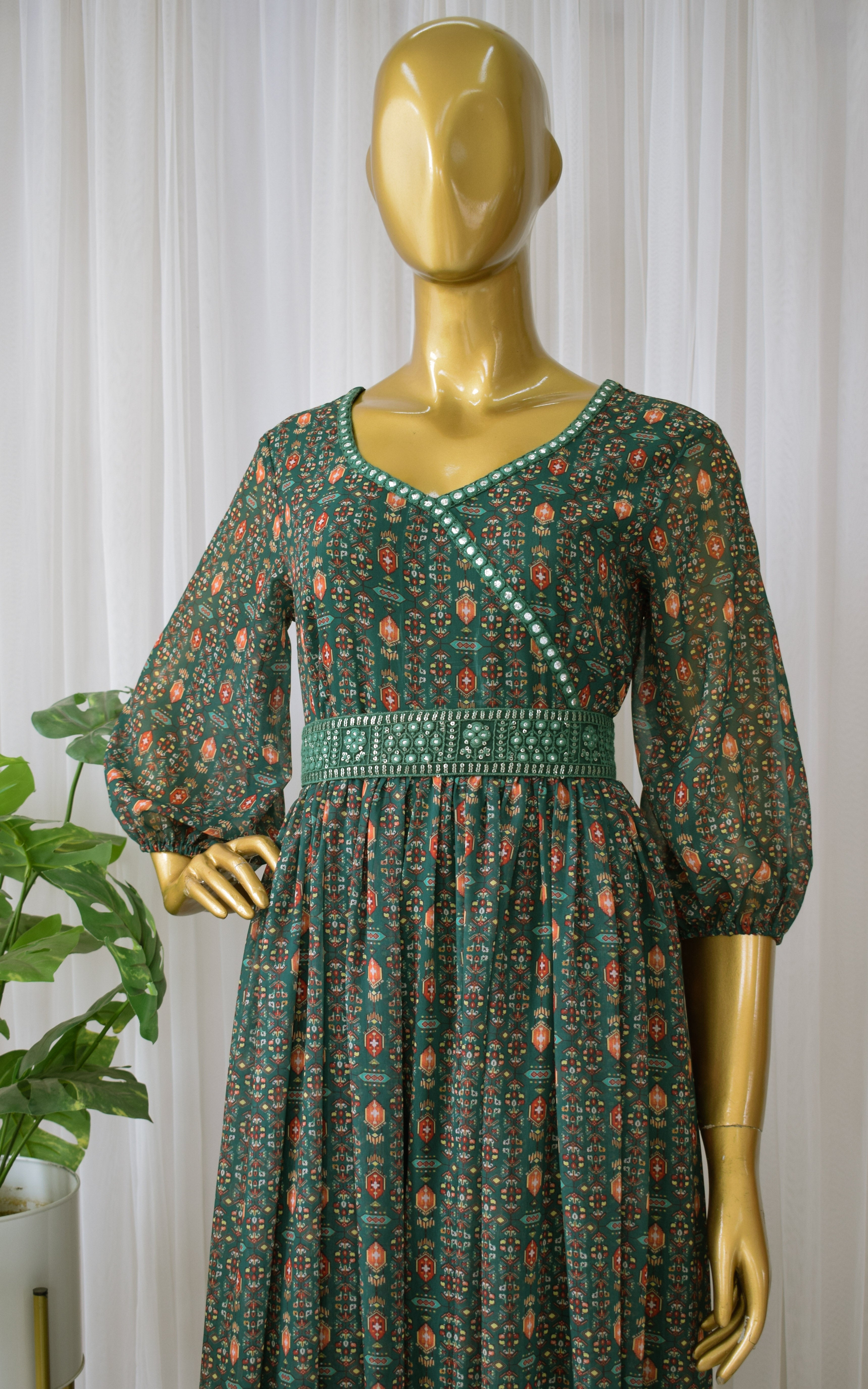 Green Vintage Printed Georgette Mirrorwork Jumpsuit