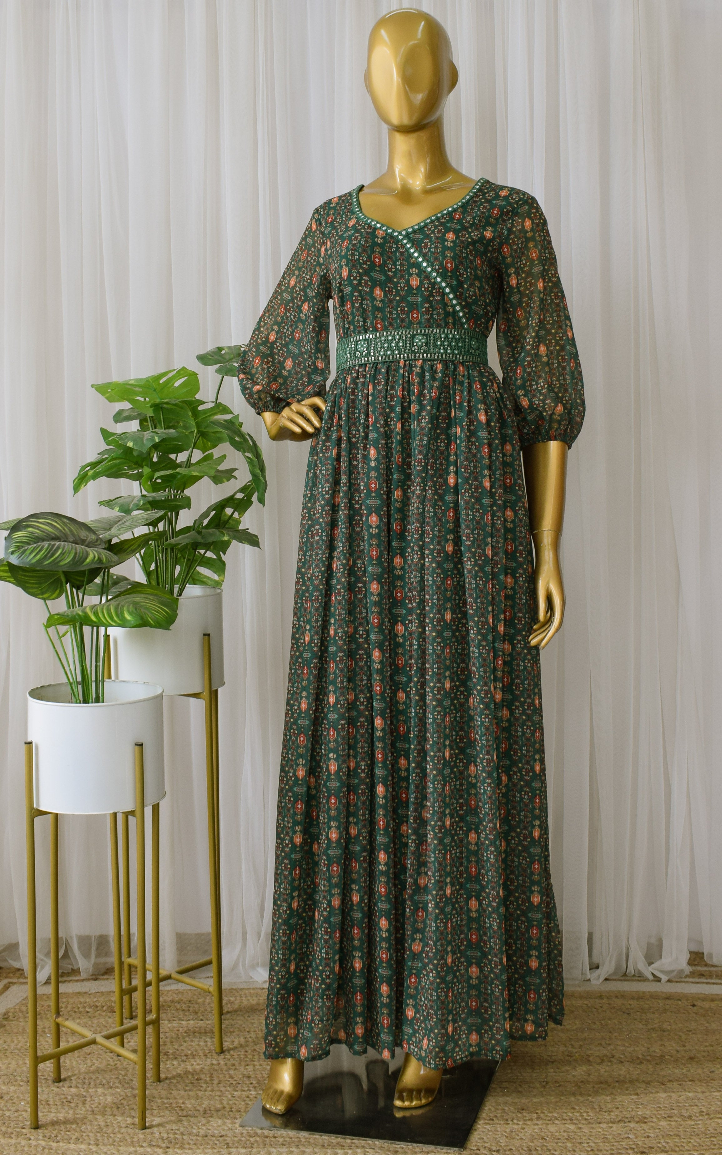 Green Vintage Printed Georgette Mirrorwork Jumpsuit